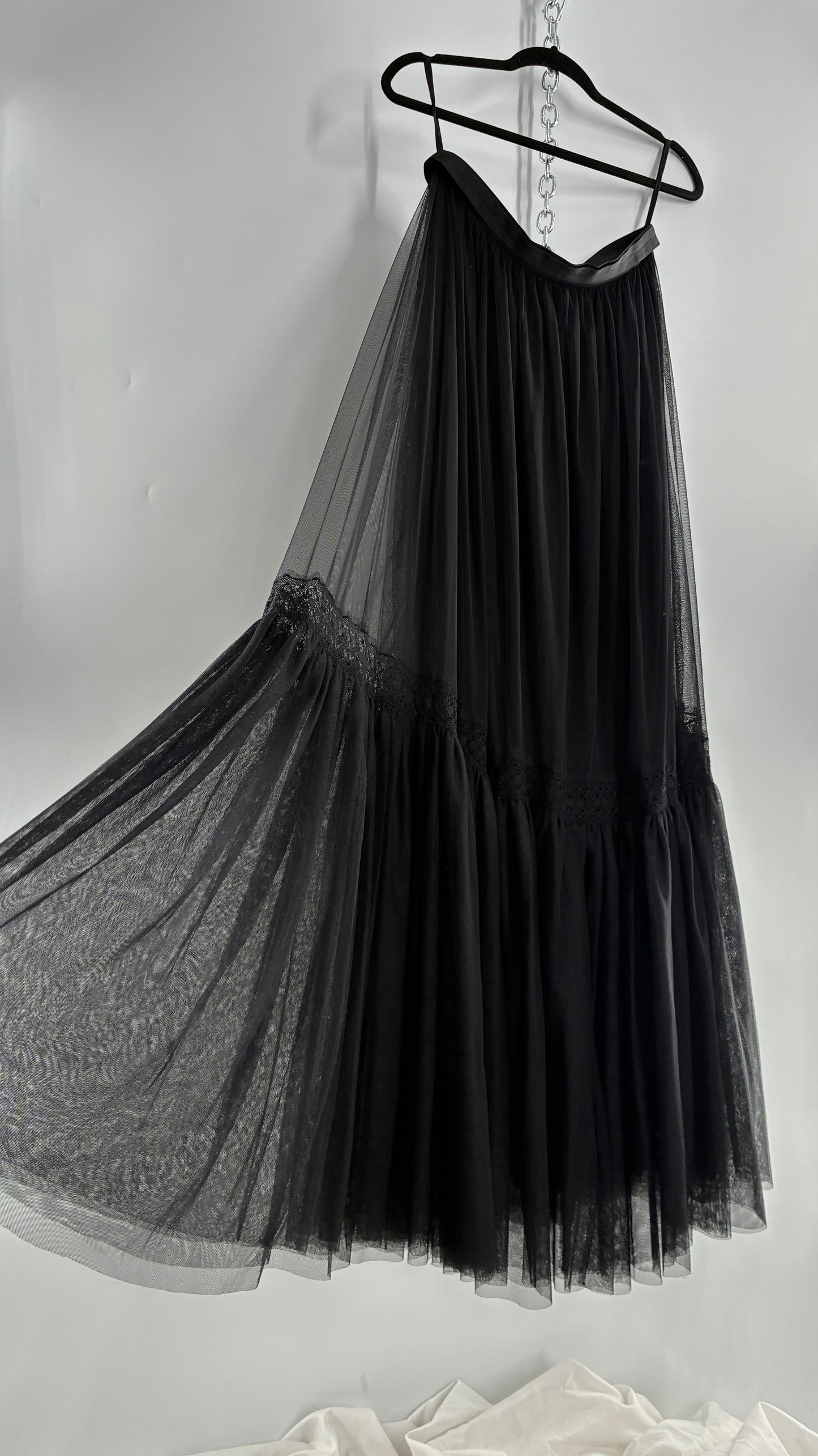 Needle & Thread Voluminous Black Multi Layer Mesh Full Length Skirt with Ribbon Waistline with Tags Attached (10)