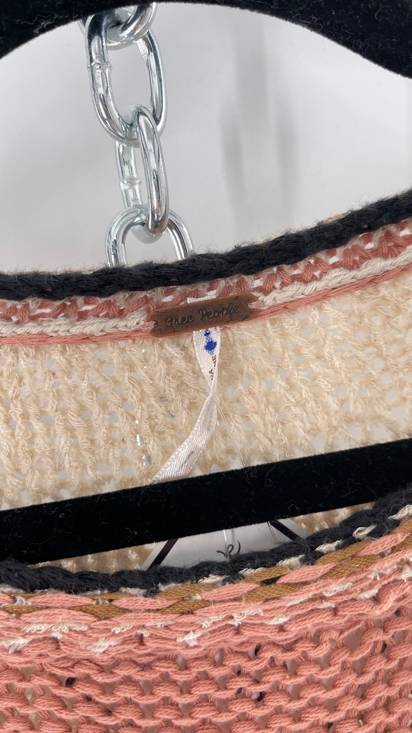 Free People Beige Slouchy Sweater with Dusty Pink, Tan and Black Striping Detail (Medium)