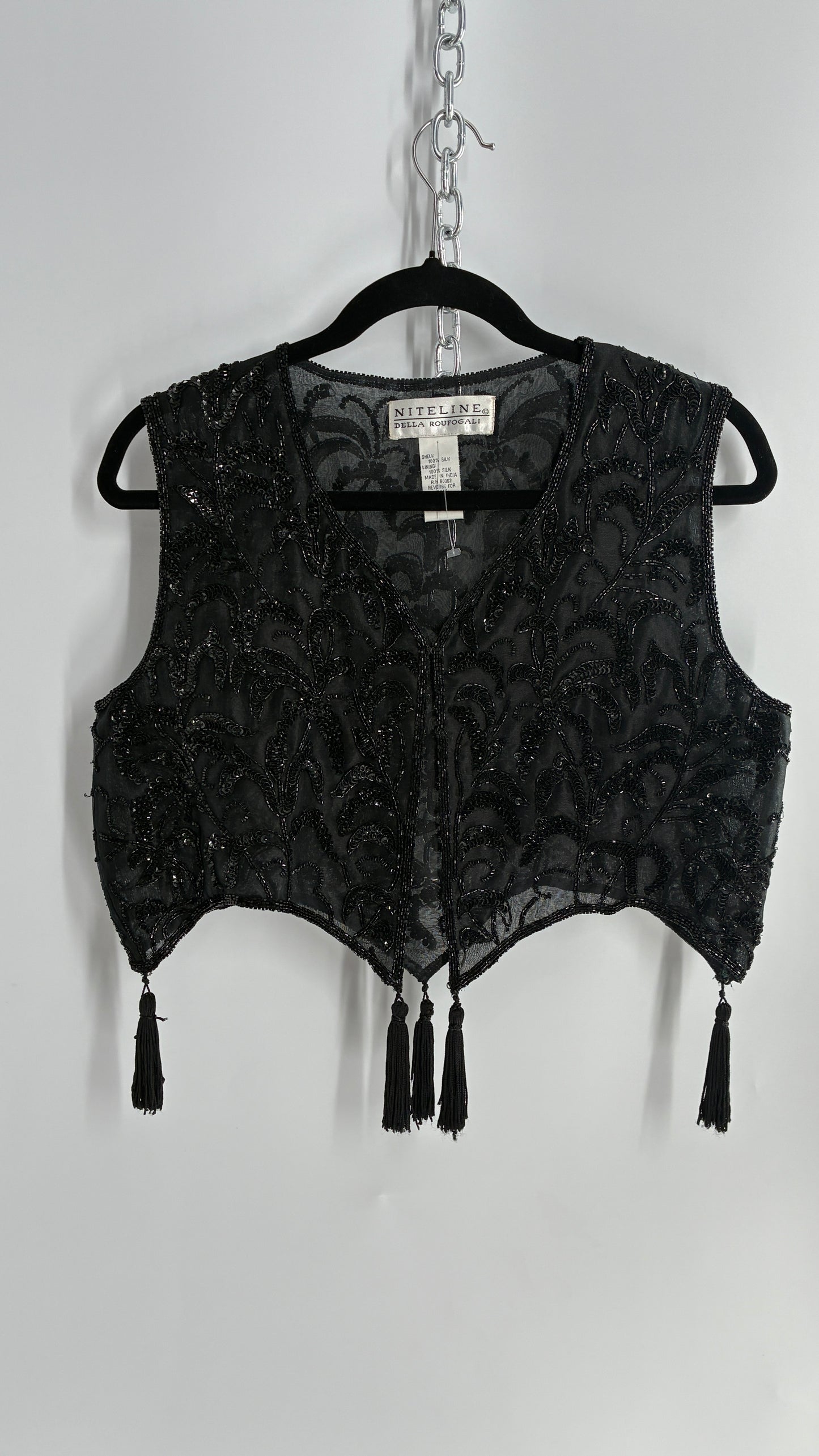 Vintage 1990s NITELINE 100% Silk Beaded Cropped Vest with Tassel Details (Medium)