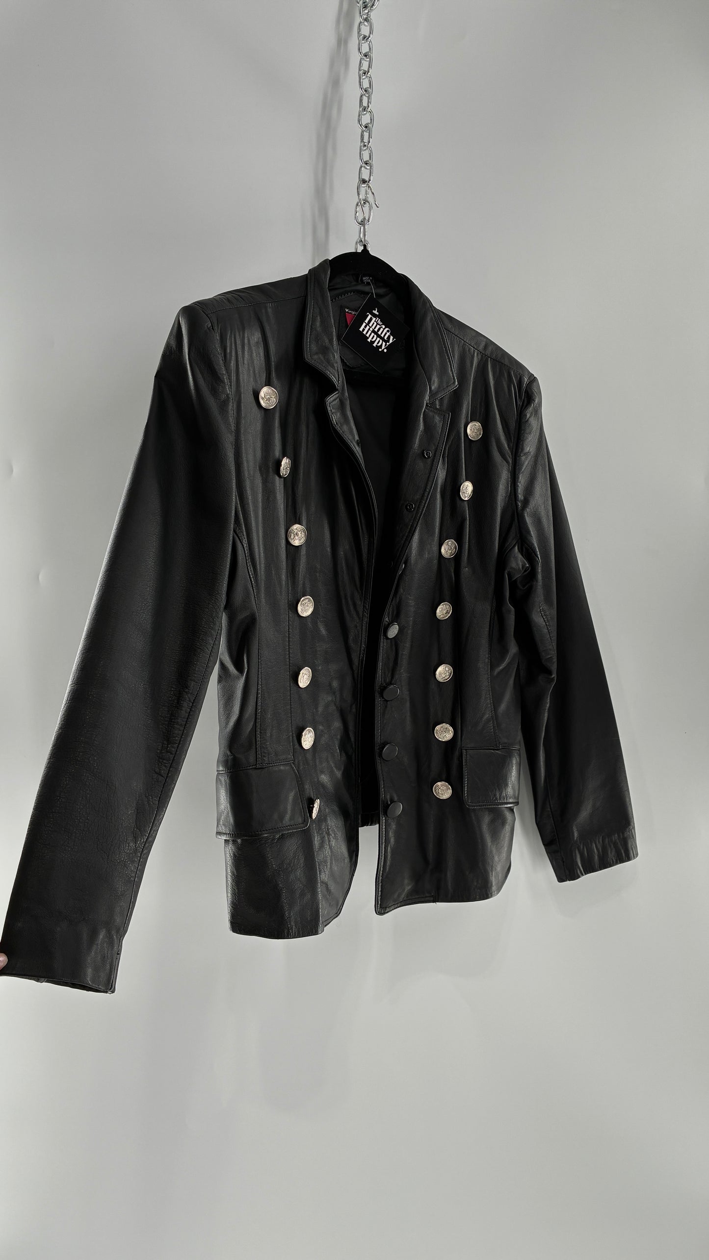 Vintage Virginia Slims Black Genuine Leather Military Jacket with Double Breasted Embossed Buttons (Large)