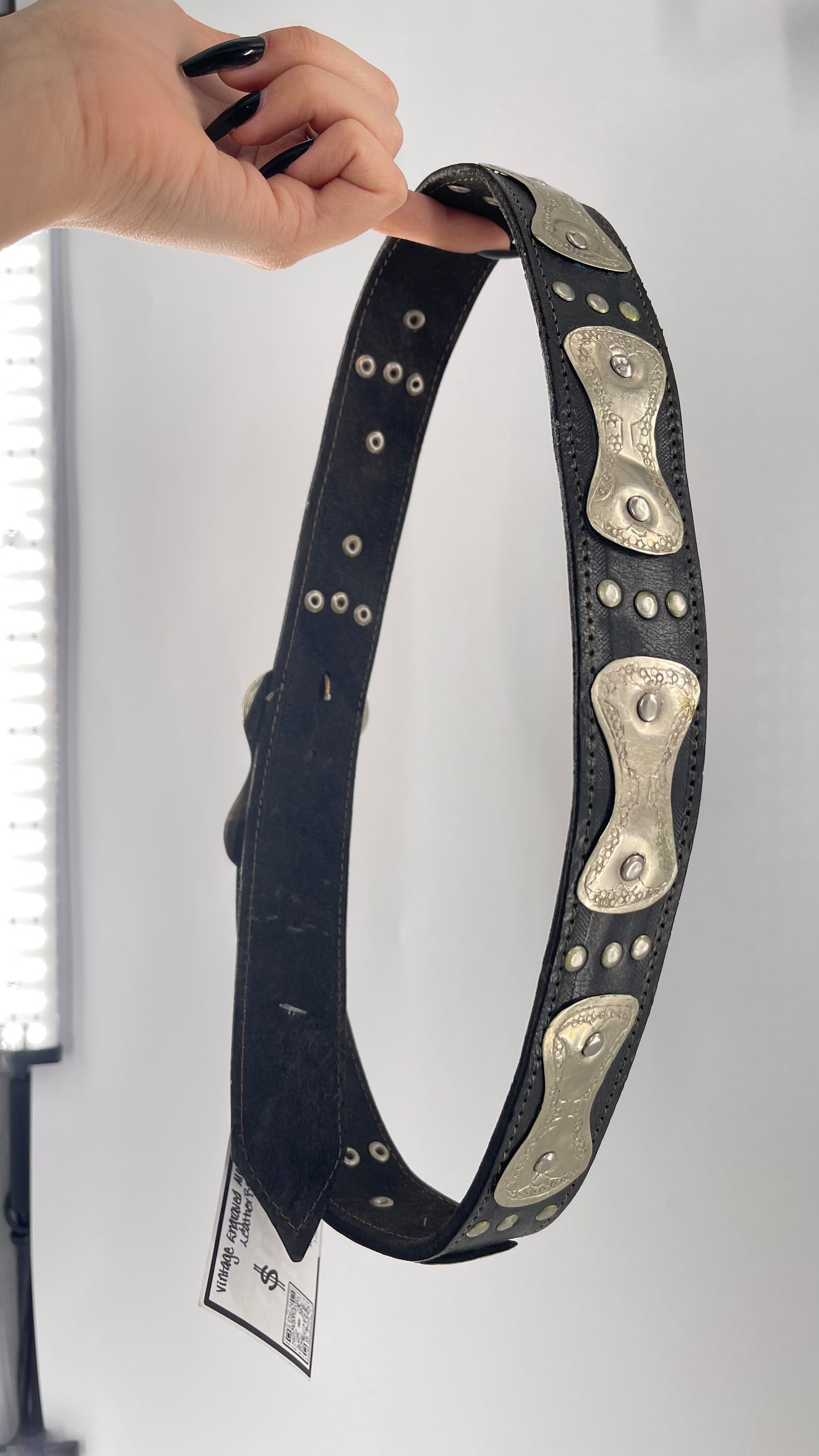 Vintage Engraved Silver Metal + Black Leather Belt (Small)