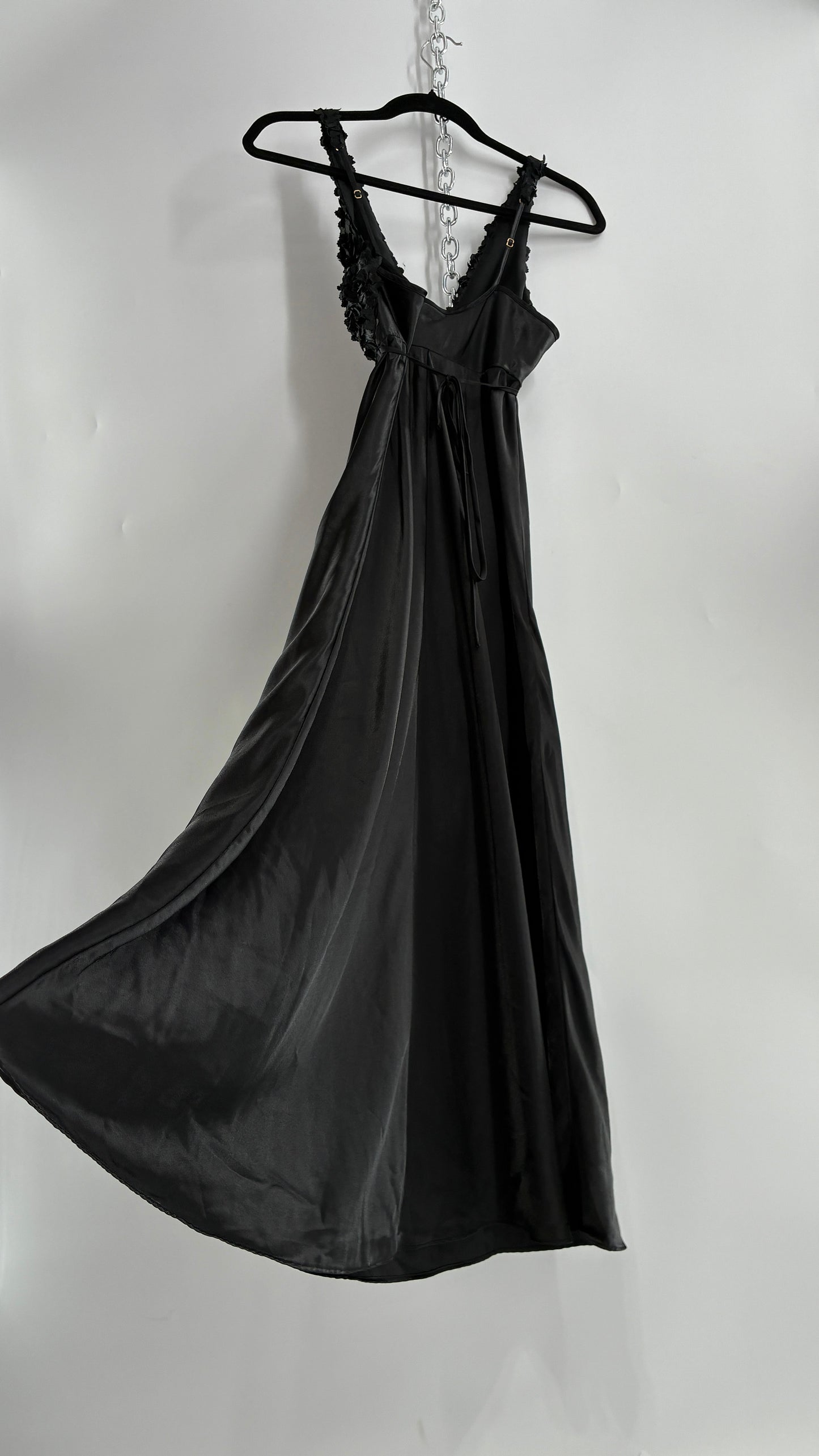 Vintage FLORA Black Slip Gown with Textured Floral Bust (Small)