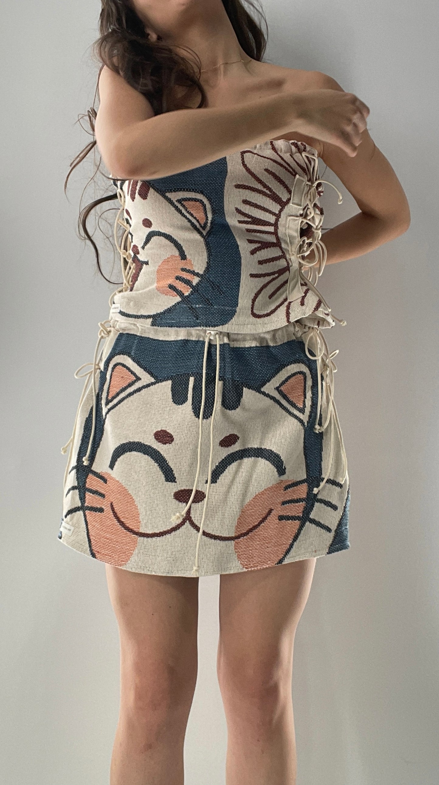 Vintage Tapestry Kitty 2pc Set with Adjustable Corseted Top and Adjustable Corseted Micro Skirt (S-L)