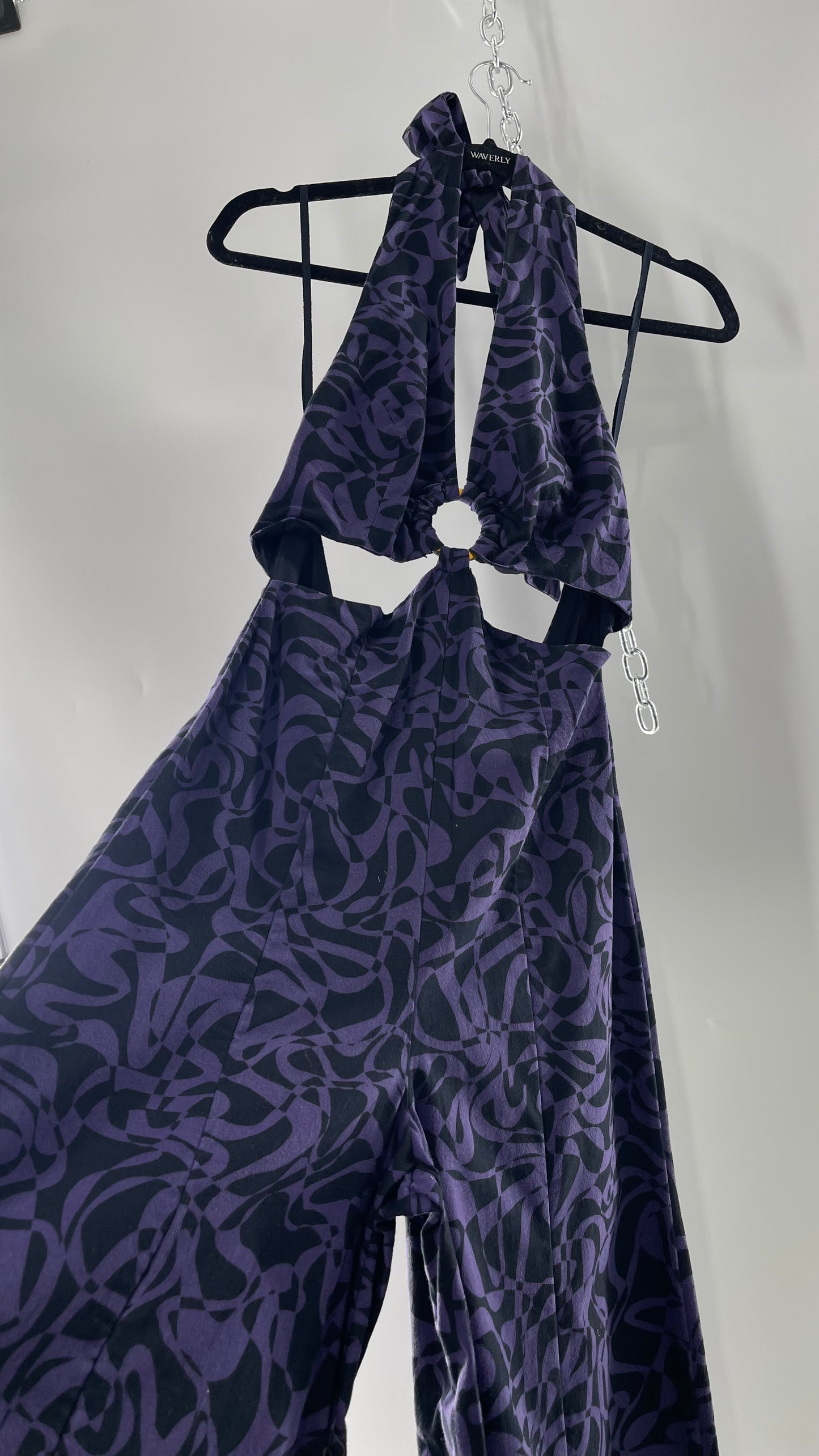 Free People Kira Retro Black and Purple Wide Leg Halter Jumpsuit with Tortoise Bust Loop (XS)