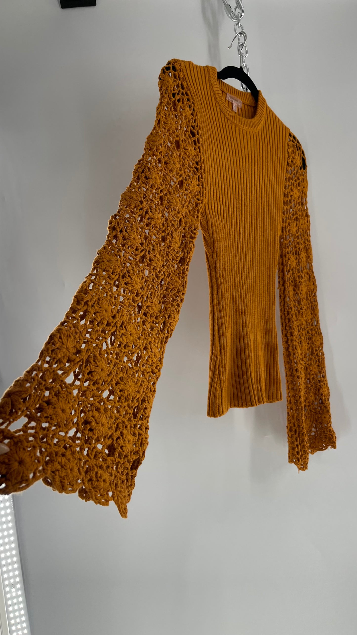 Love Colétte Mustard Sweater with Crochet Bell Sleeve (Large)