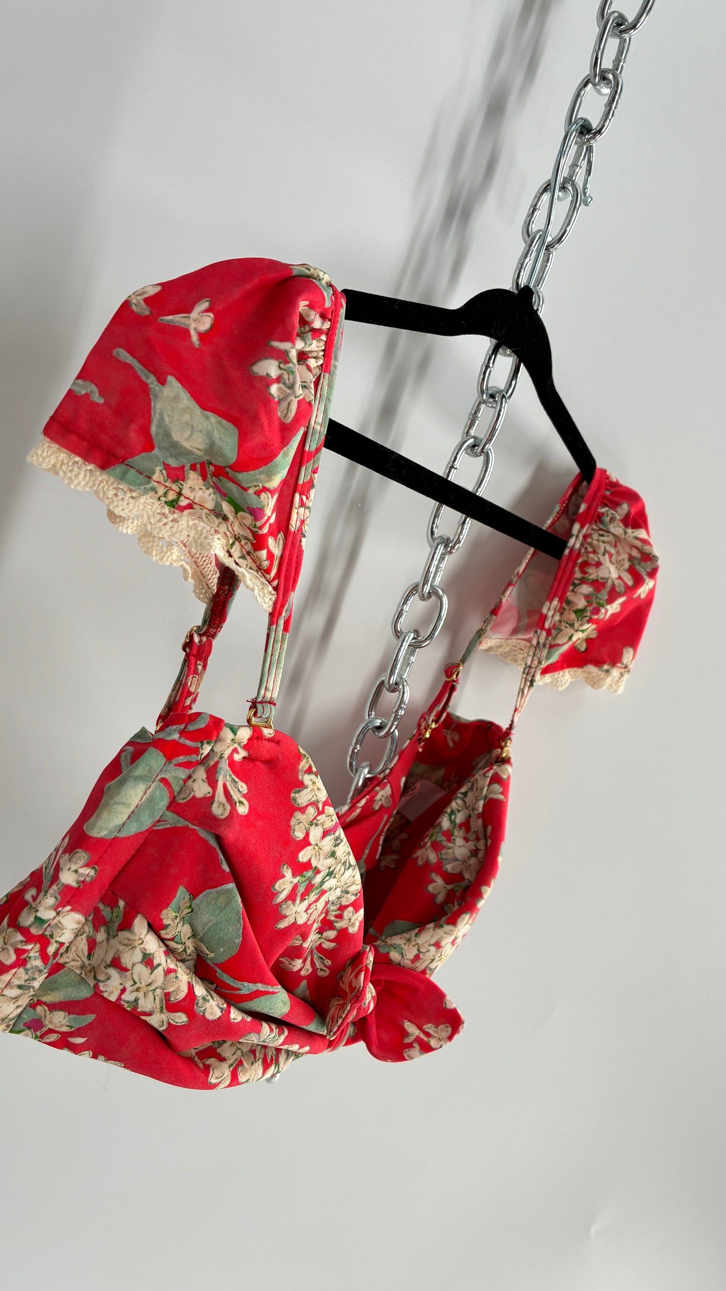 MONTCE Free People Pink Floral Tie Bust Swim Top with Cap Sleeves, Lace Edges, and Tags Attached (Medium)