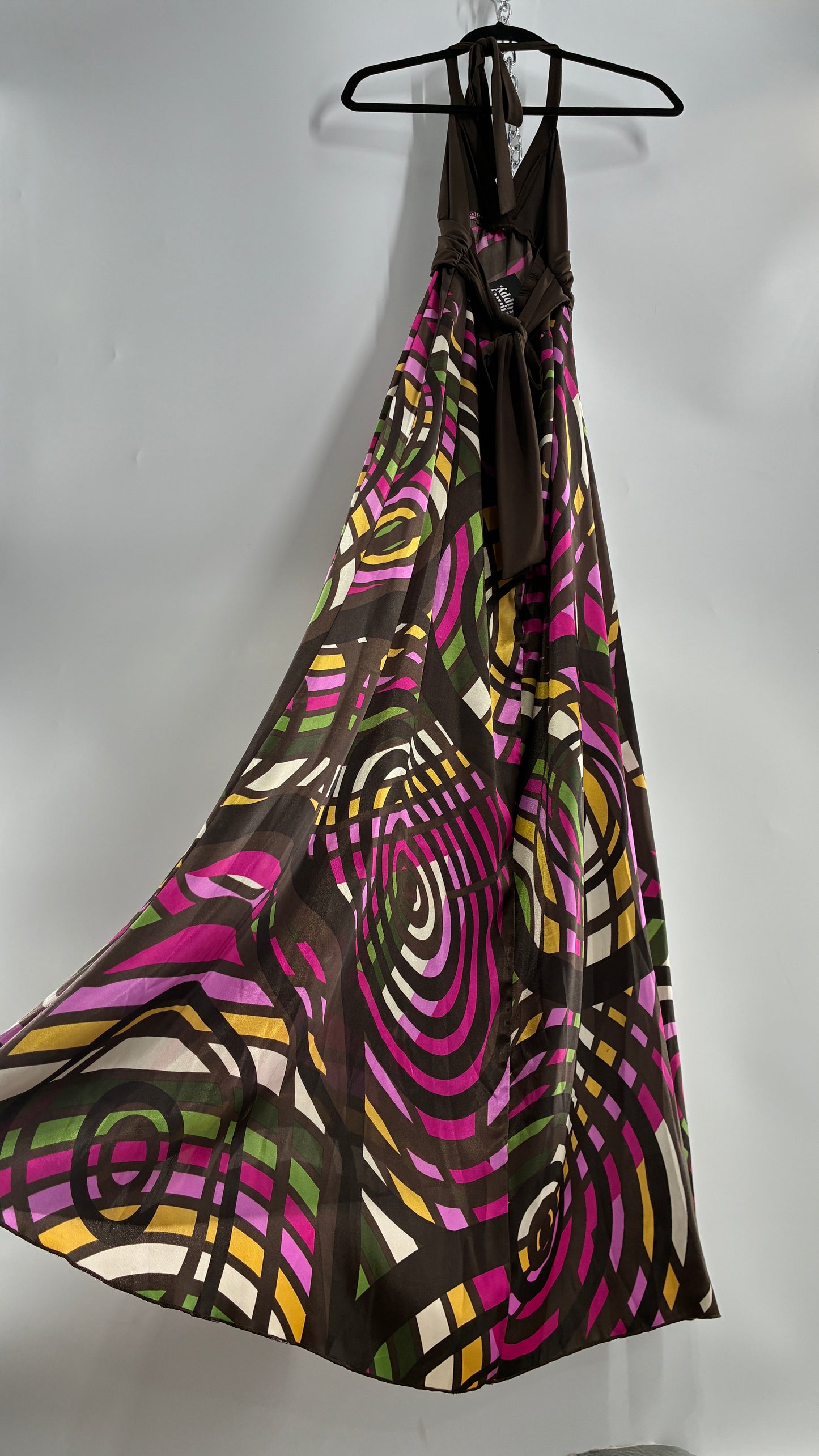 Vintage Candies Brown Patterned Gown with Belted Bust and Halter Neckline (Medium)