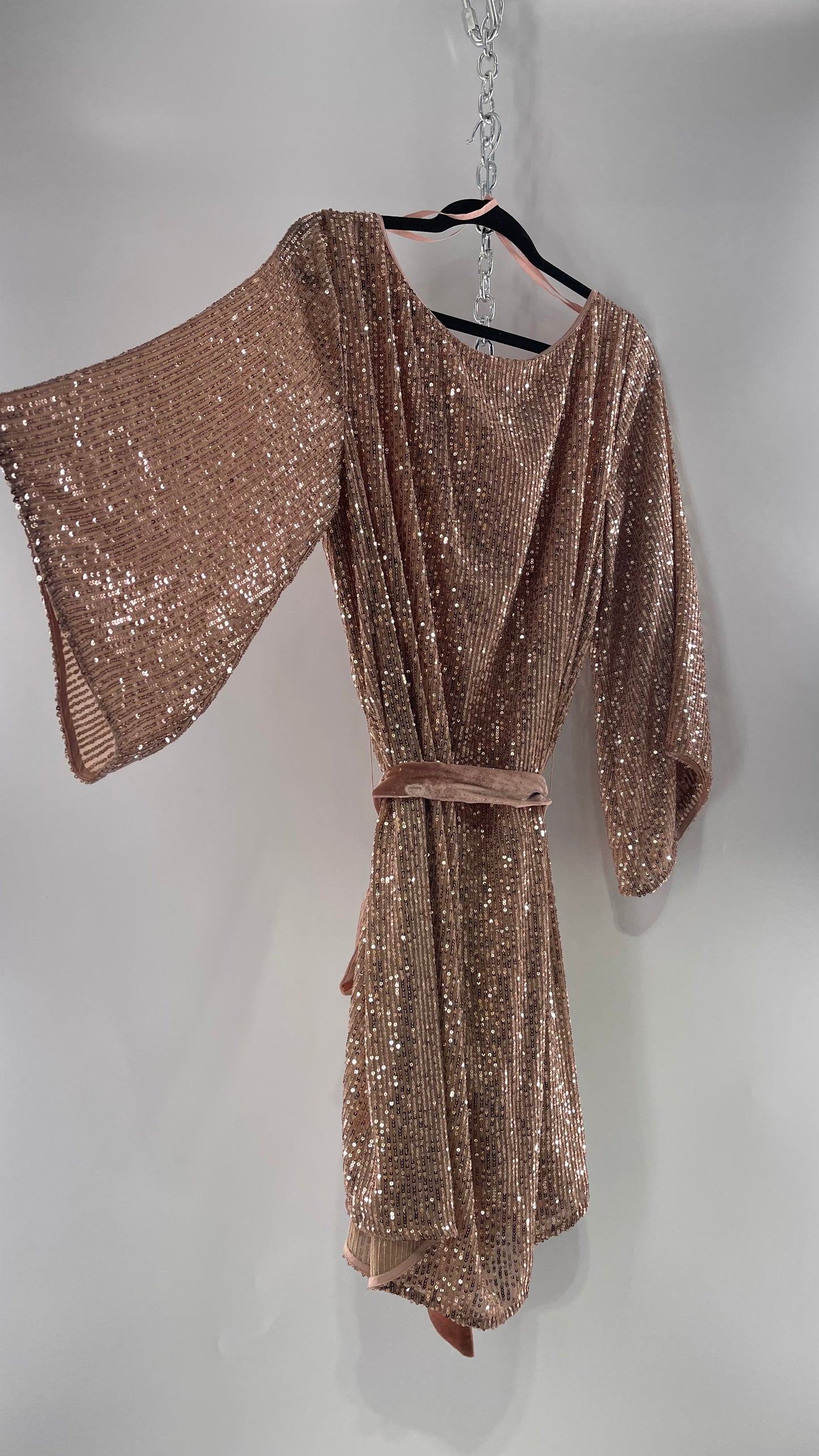 Anthropologie Rose Gold Sequin Dress with Velvet Waist Belt and Tags Attached (XL)