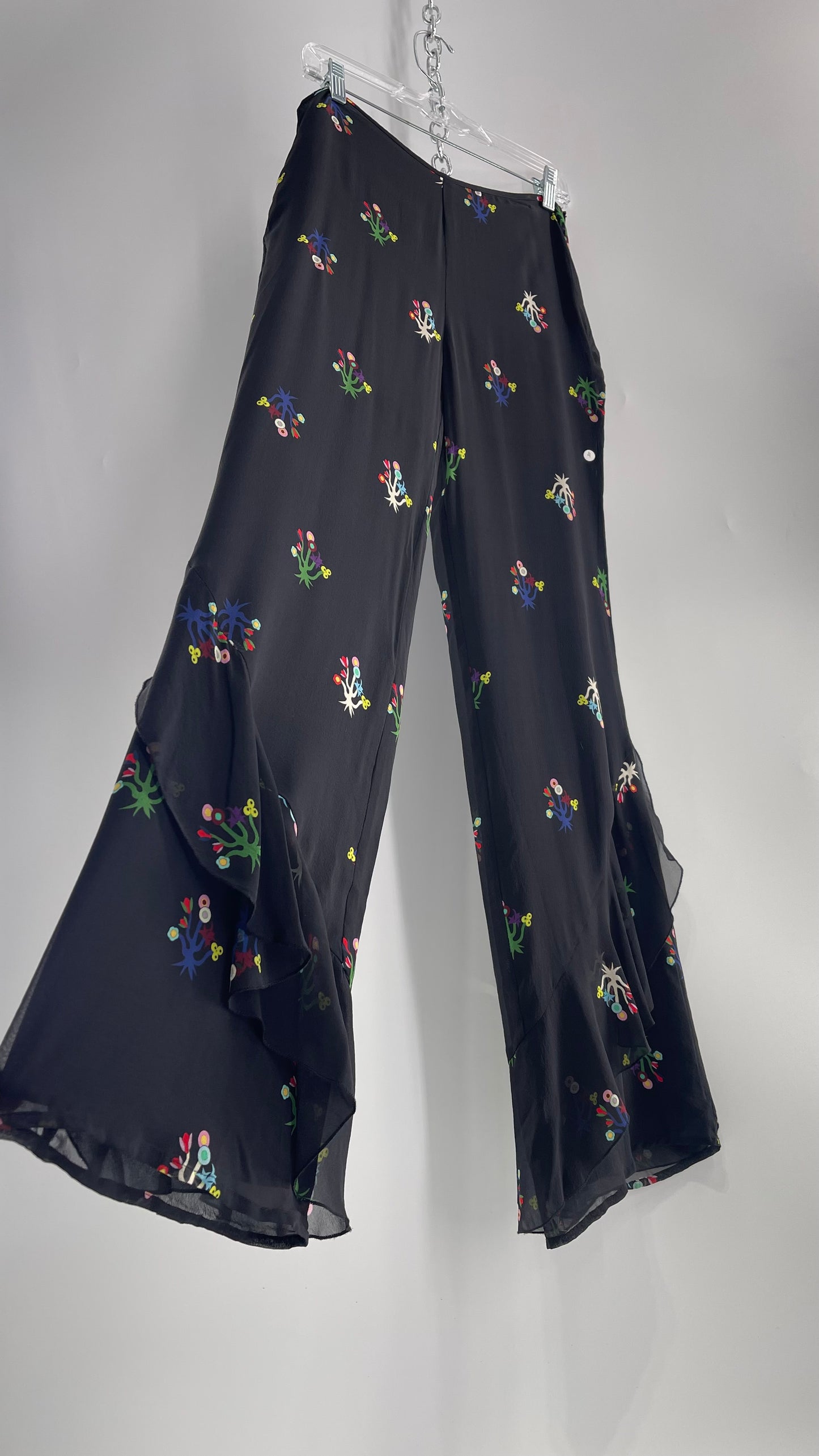 Cynthia Rowley Black Flared Pants with Colorful Abstract Florals, Dual Lining and Ruffle Trim (4)