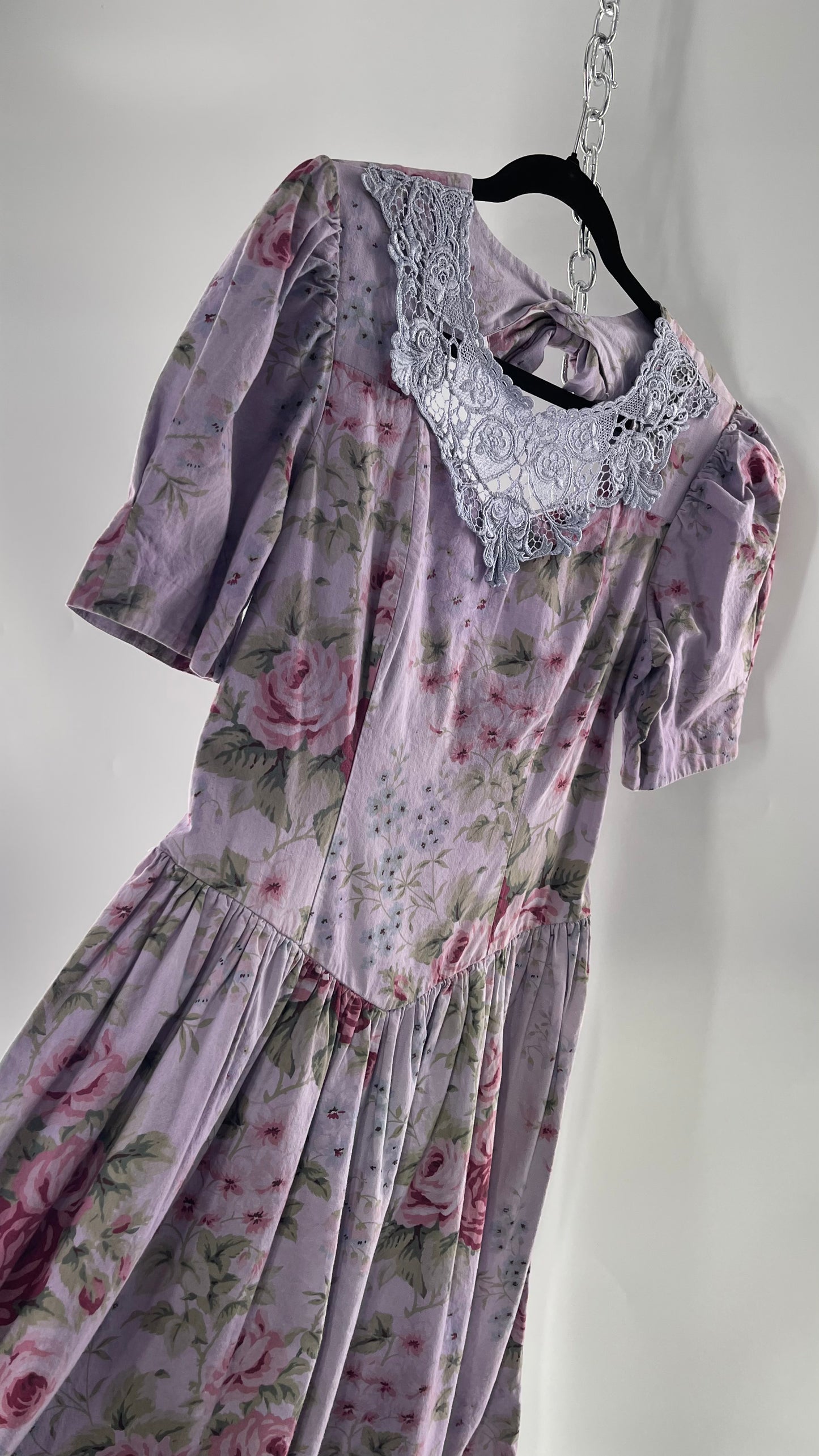 Vintage Urban Renewal Reworked and Upcycled Misty Lane Lilac/Lavender Floral Fit/Flare Dress with Sweetheart Neckline, Lace Detail and Bow Adorned Open Back (11/12)