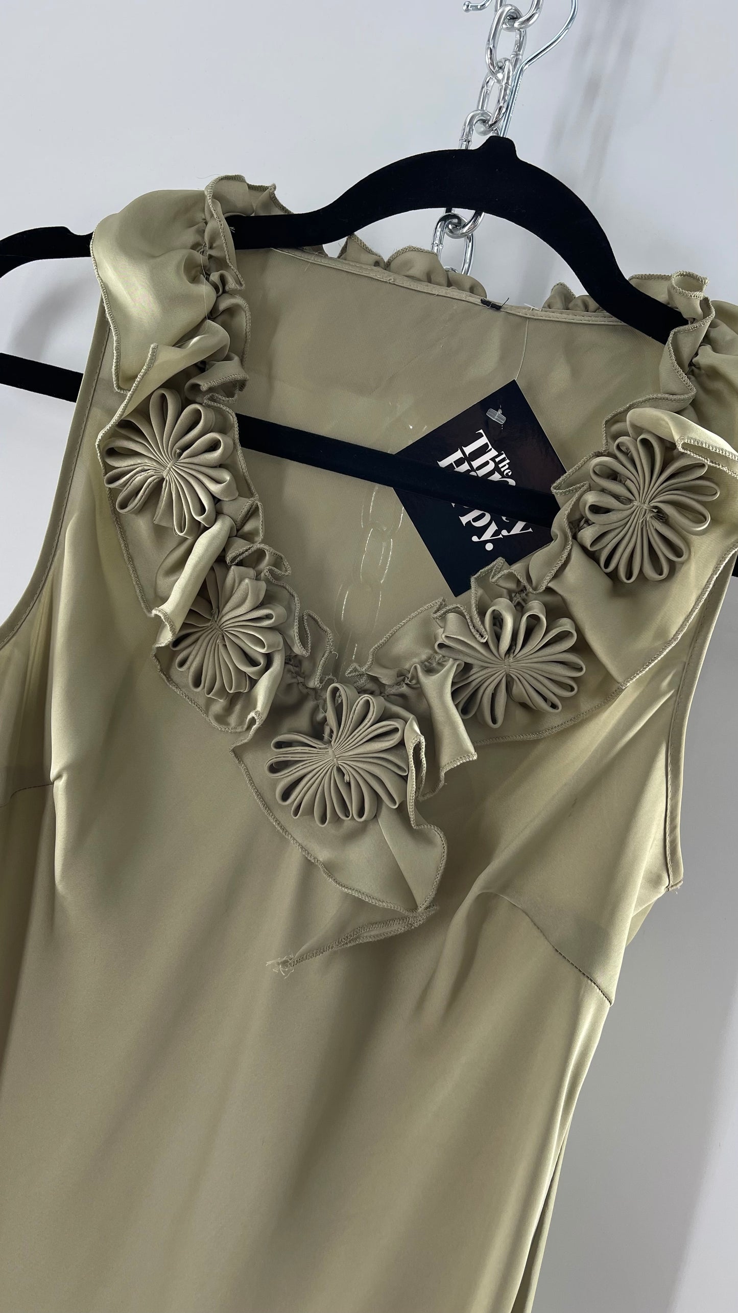 Sage Green Silky Sleeveless Tunic with Rosettes (Medium)