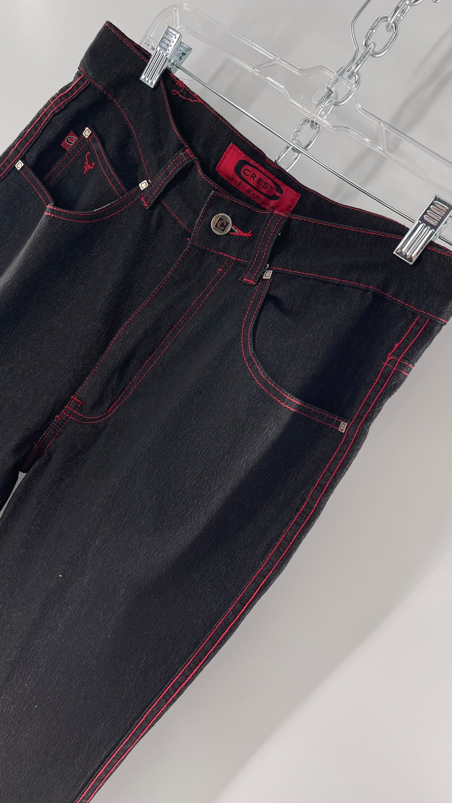 Rare Vintage Black Crest Jeans with Red Contrast Stitching and Butterfly Embroidery on Thigh and Back Pockets (14)