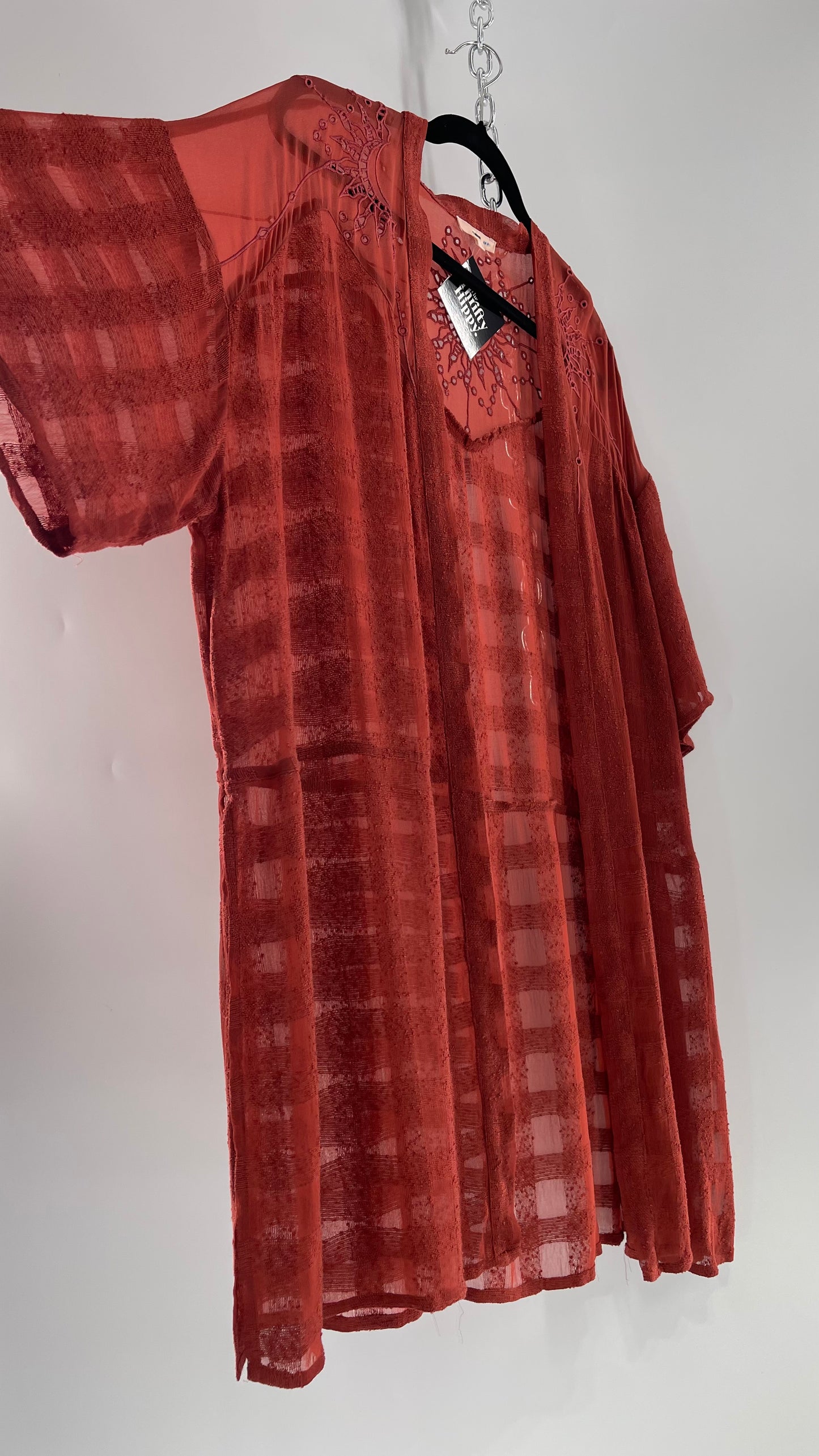 NFO Anthropologie Burnt Orange Cape With Embroidered Solstice Sun and Crescent Moon Designs (One Size)
