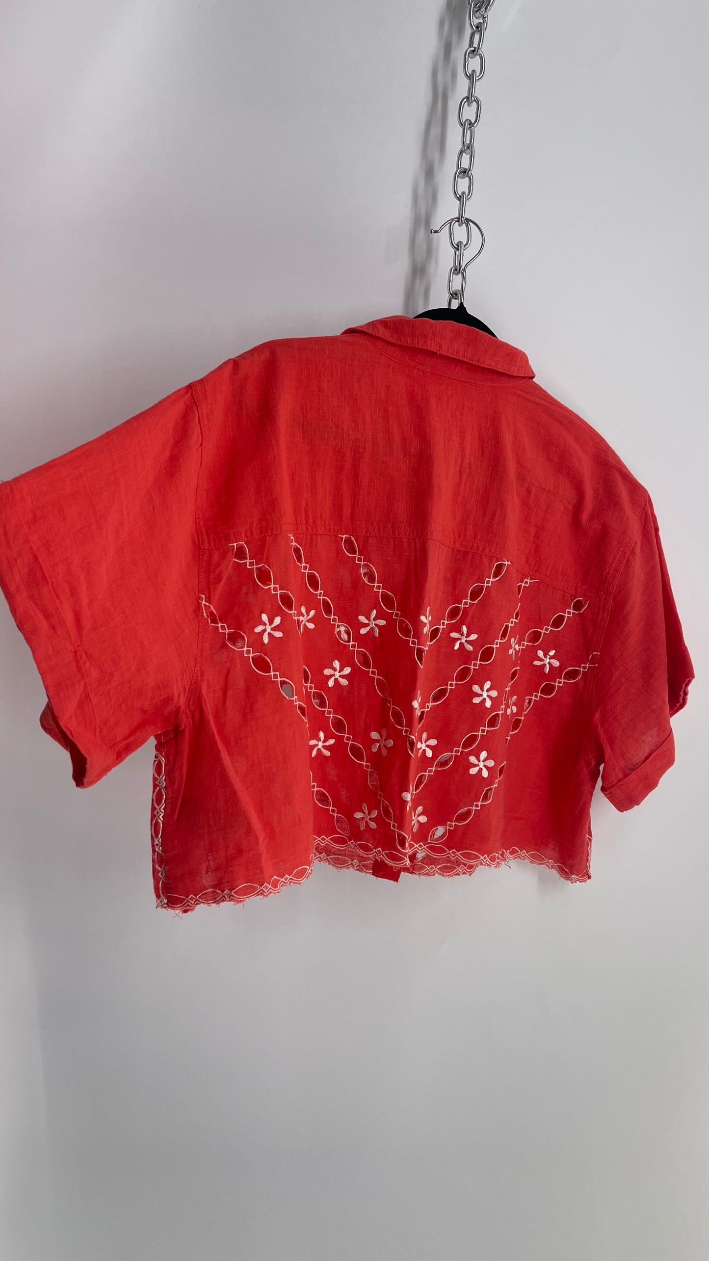 Free People Coral Top with White Eyelet Lace Embroidery (XS)