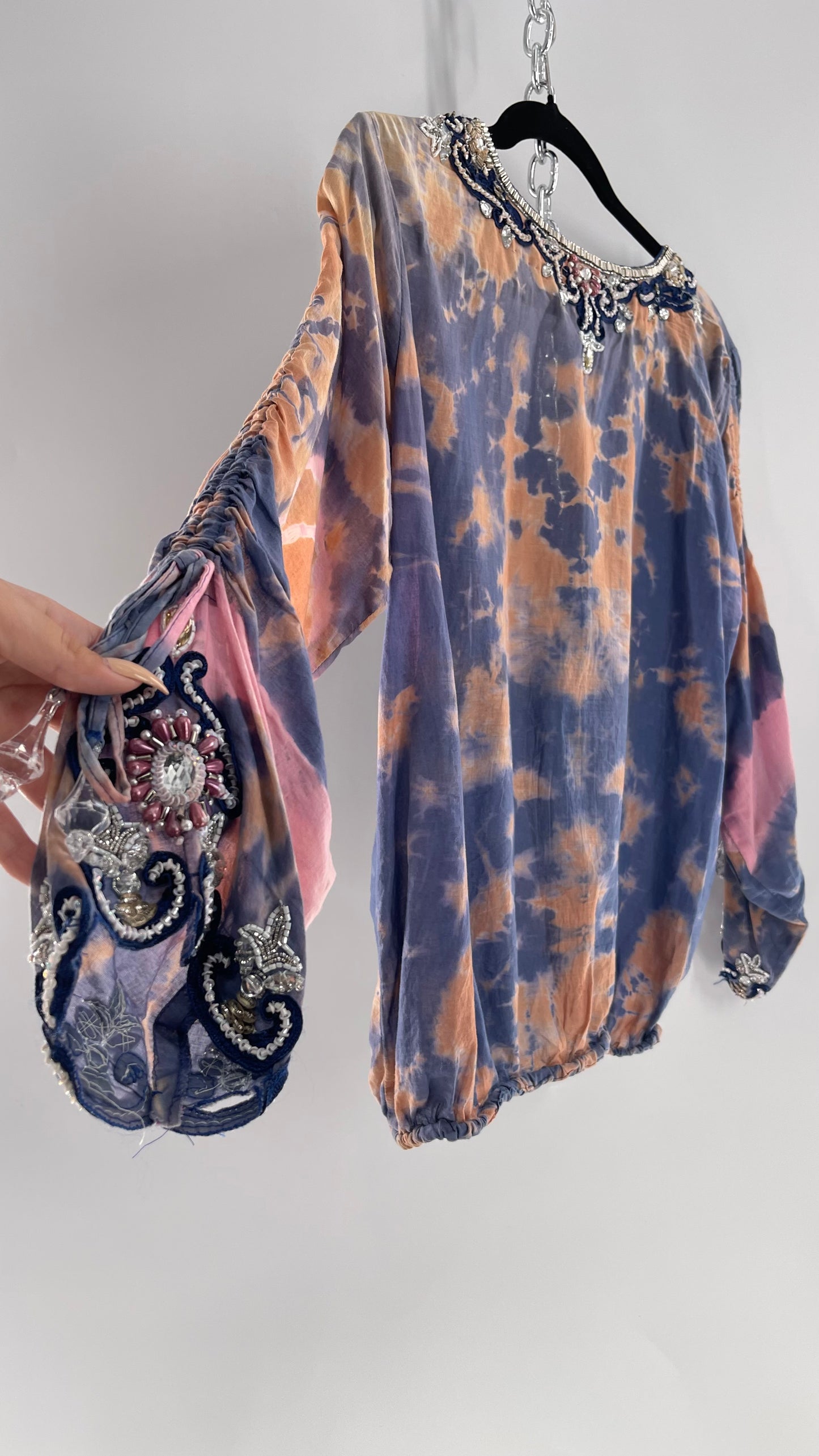 TAJ by Sabrina Crippa Tie Dye Blouse with Gemstone Encrusted Neckline and Ruched Beaded Sleeves (S/M)