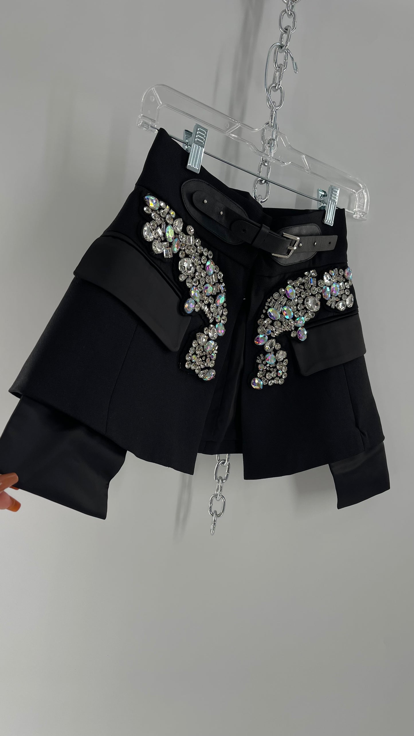 Black Skirt Belt Covered in Crystal Embellishments with Satin Flap Pockets (Medium)