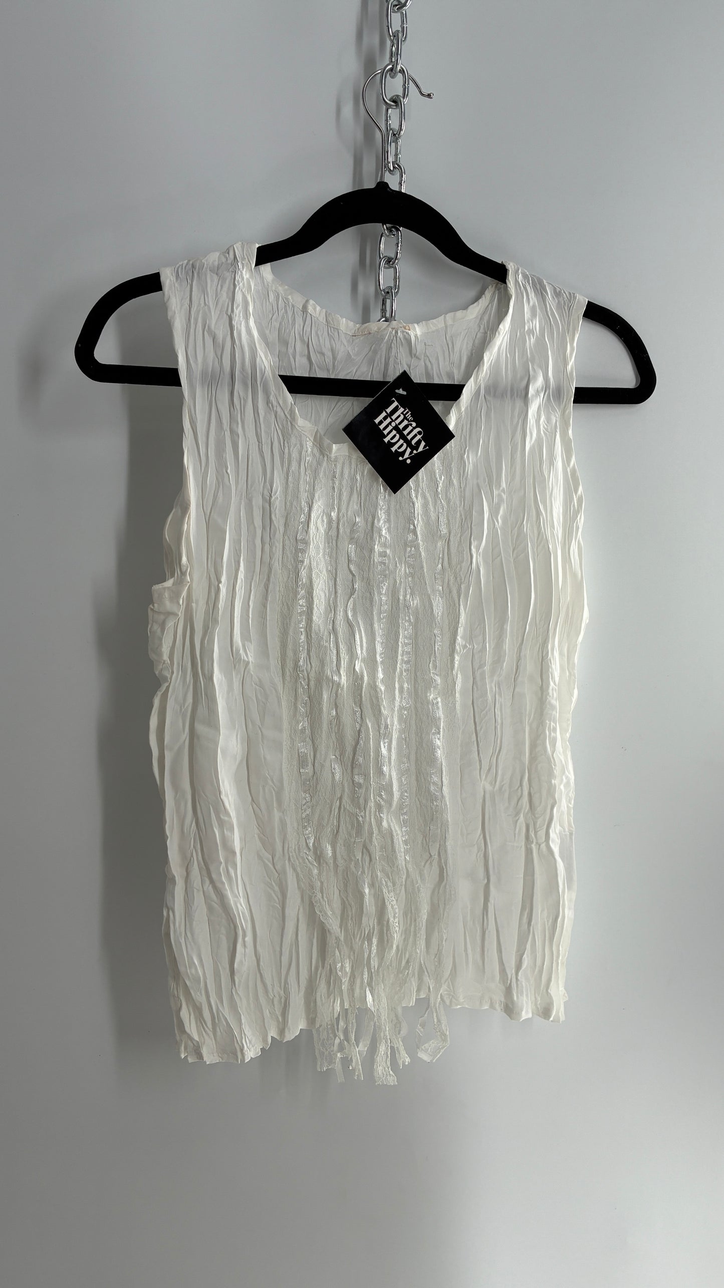 Vintage 1990s Crimped White Camisole with Tassels, Ribbons, and Lace (Medium)