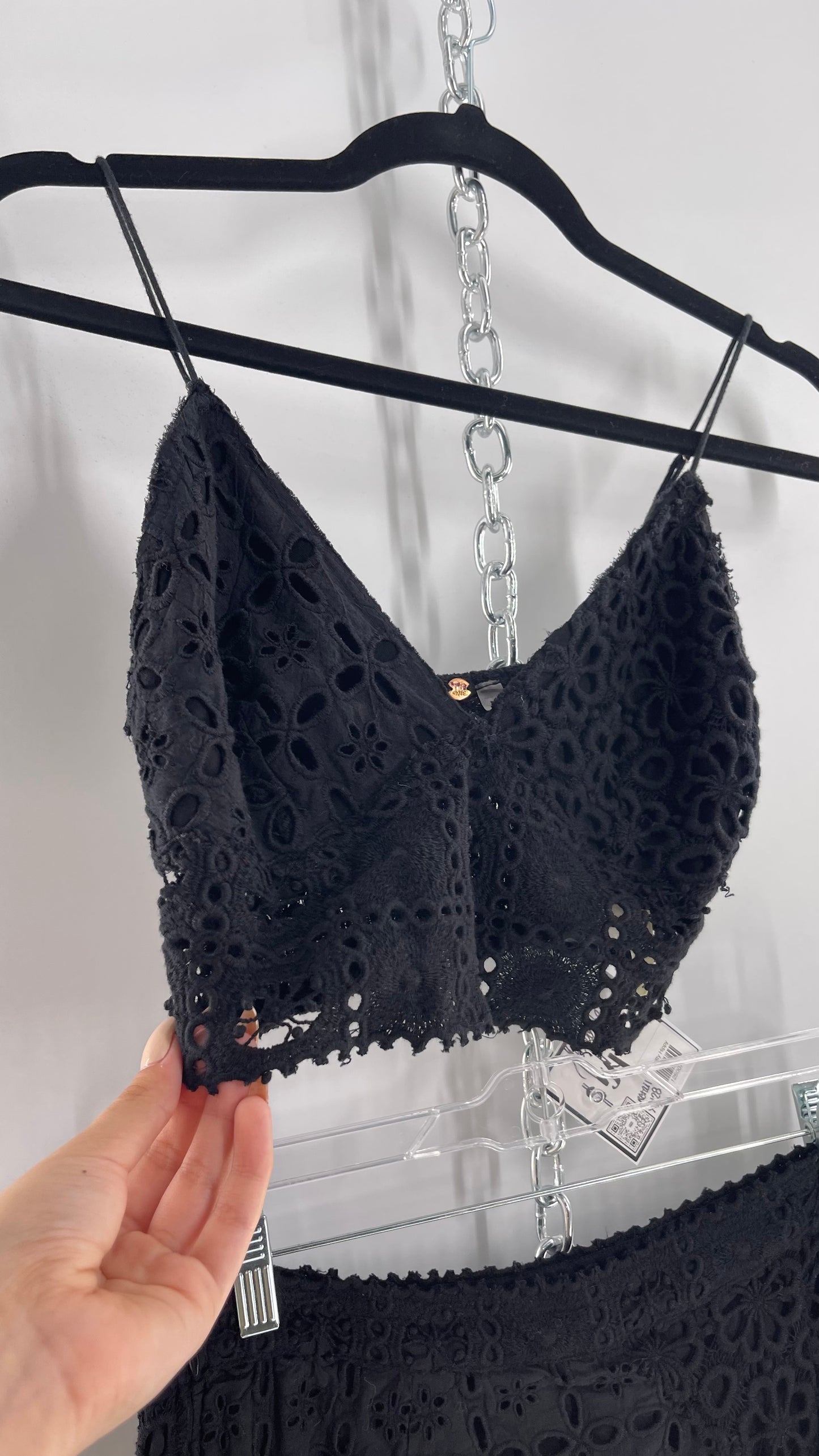 Free People Black Eyelet Lace Mini Skirt and Bustier Set (6)