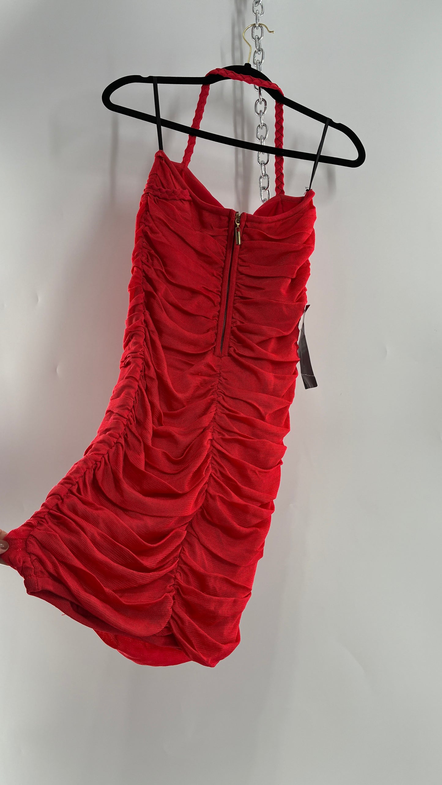 Deadstock Vintage BEBE Red Heavy/Thick Ruched and Roped Mini Dress (Medium)