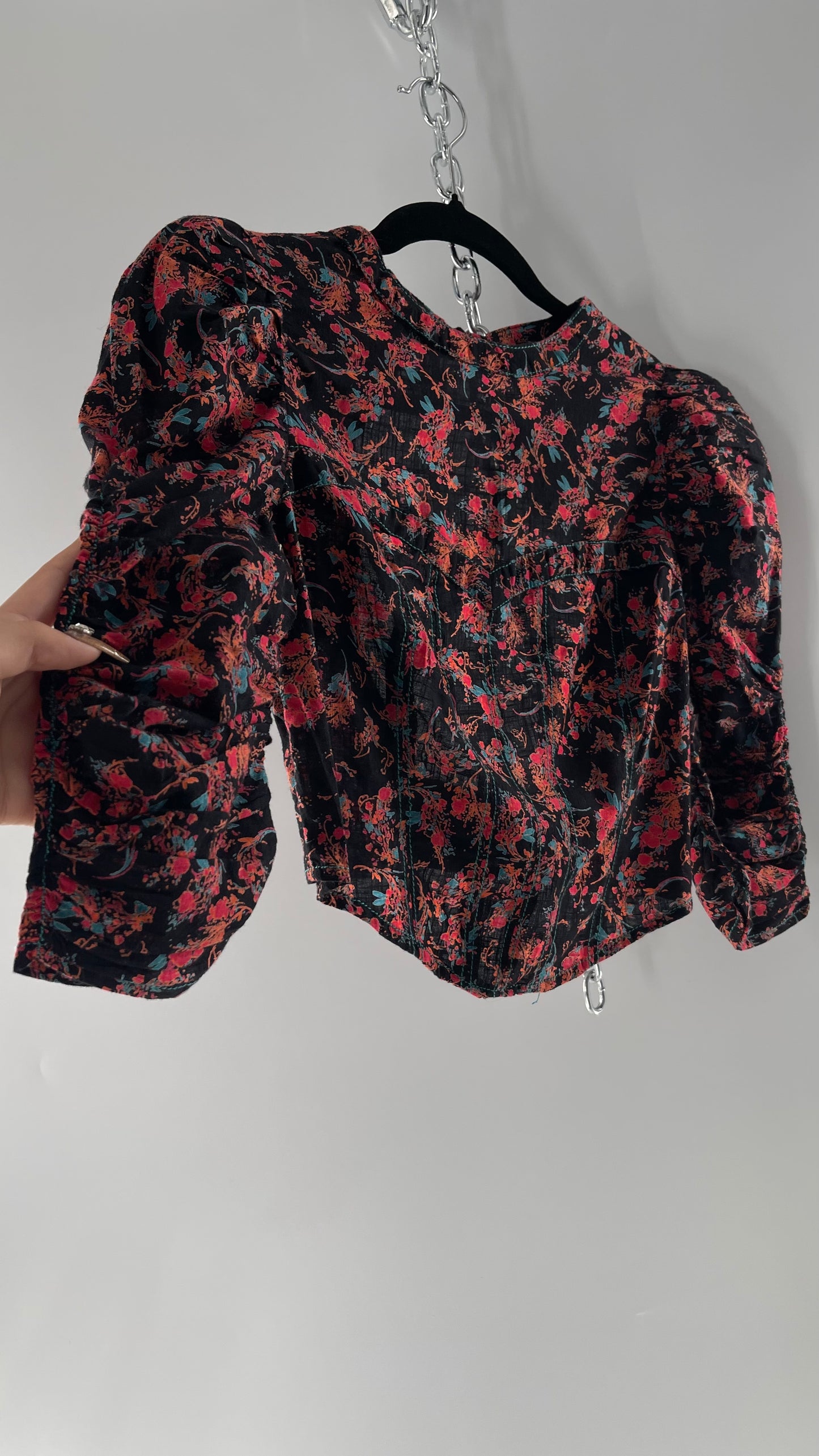 Free People Black Corset-esque Crop Top with Open Back and Ruched Sleeves (XS)