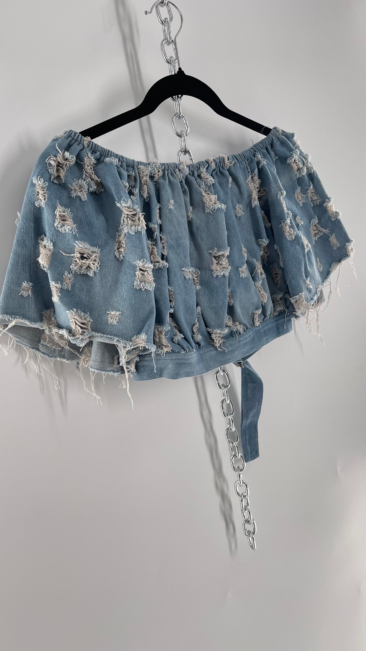 Homage Distressed Denim Crop Top with Keyhole Bust Cutout and Buckle (Medium)
