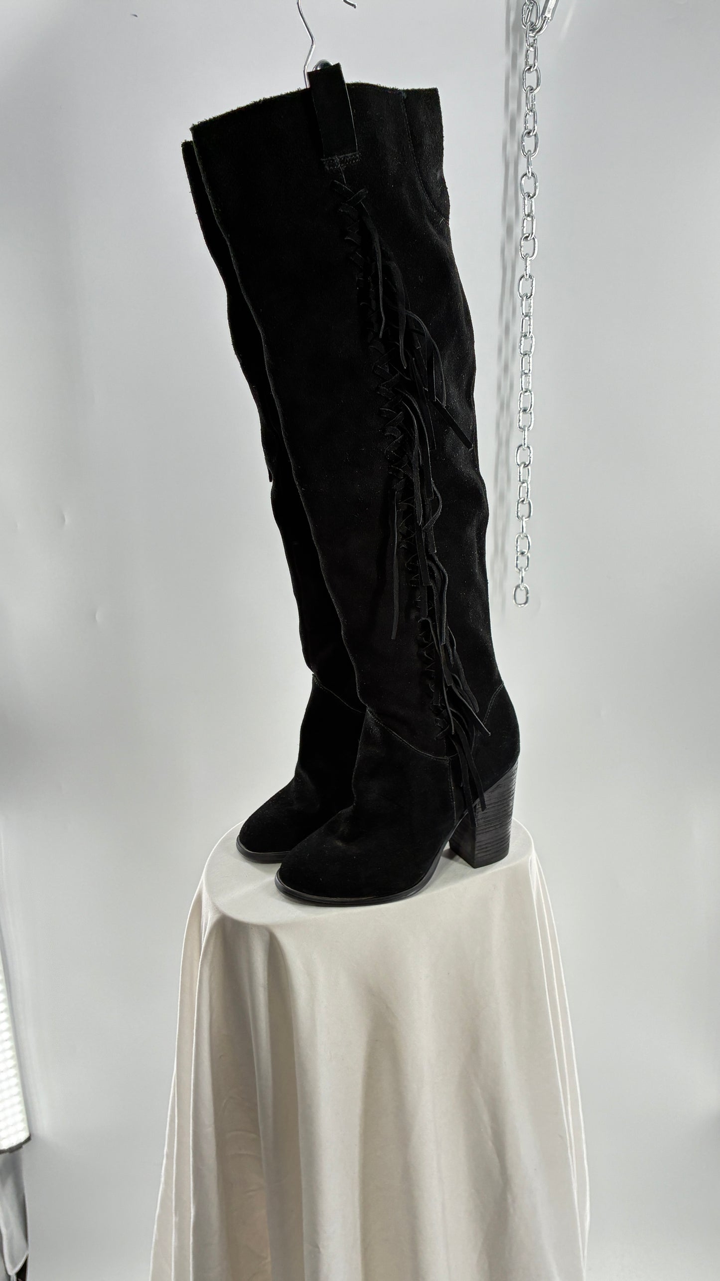 Vintage CARLOS SANTANA Genuine Suede Leather Thigh High Tassel, Fringe Side Boots (7.5)