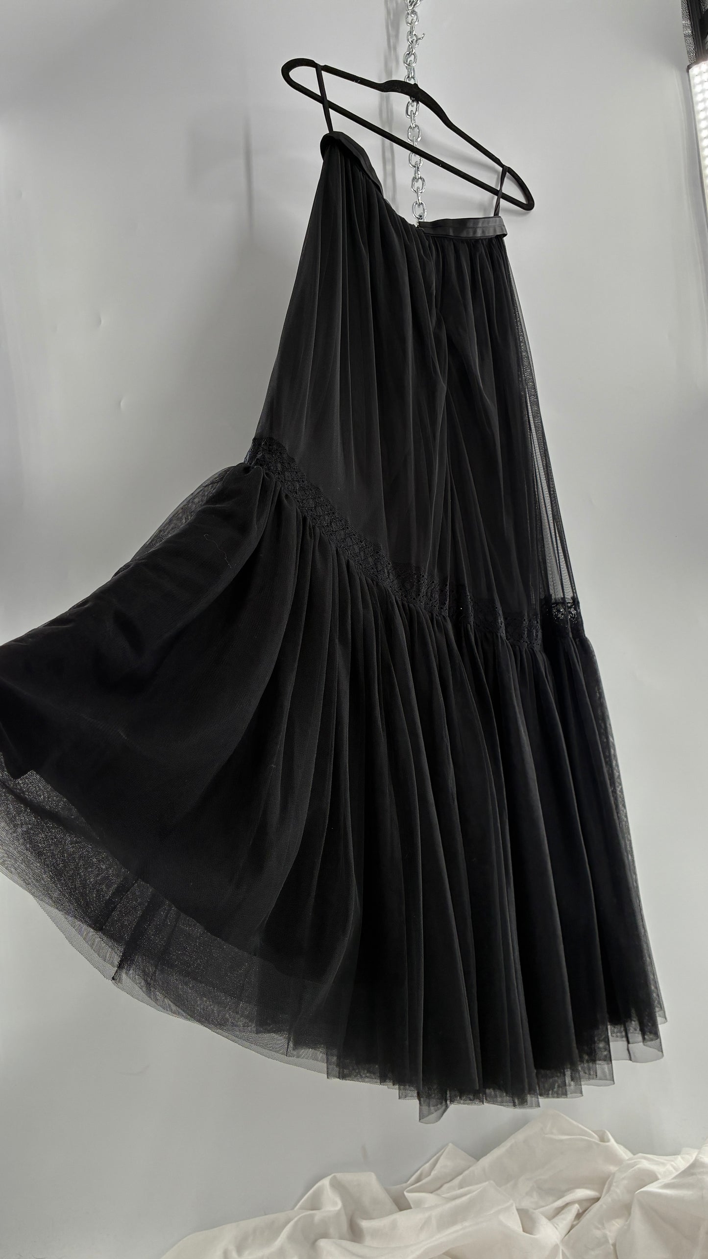 Needle & Thread Voluminous Black Multi Layer Mesh Full Length Skirt with Ribbon Waistline with Tags Attached (10)