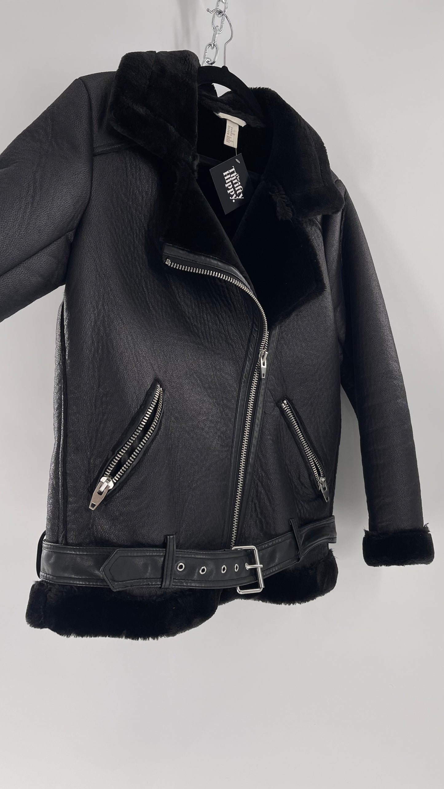 H&M (C) Black Faux Leather Moto Jacket with Faux Fur Lining (10)