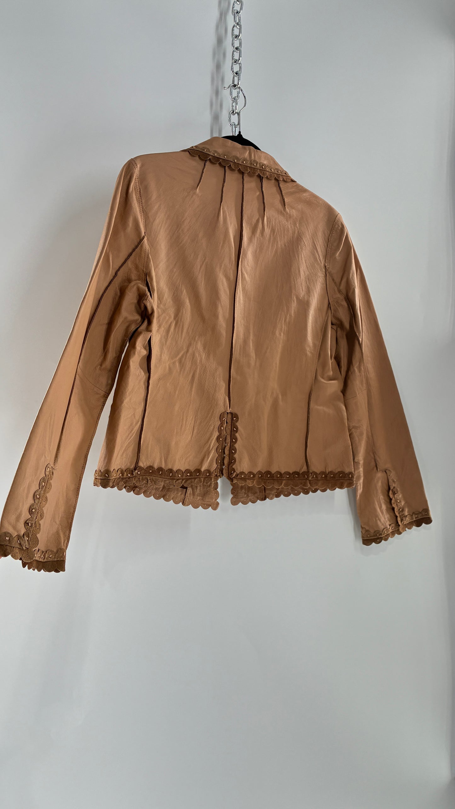 RARE Deadstock Vintage Cami Brown Thin Leather Jacket with Suede Scalloped Trim (12)
