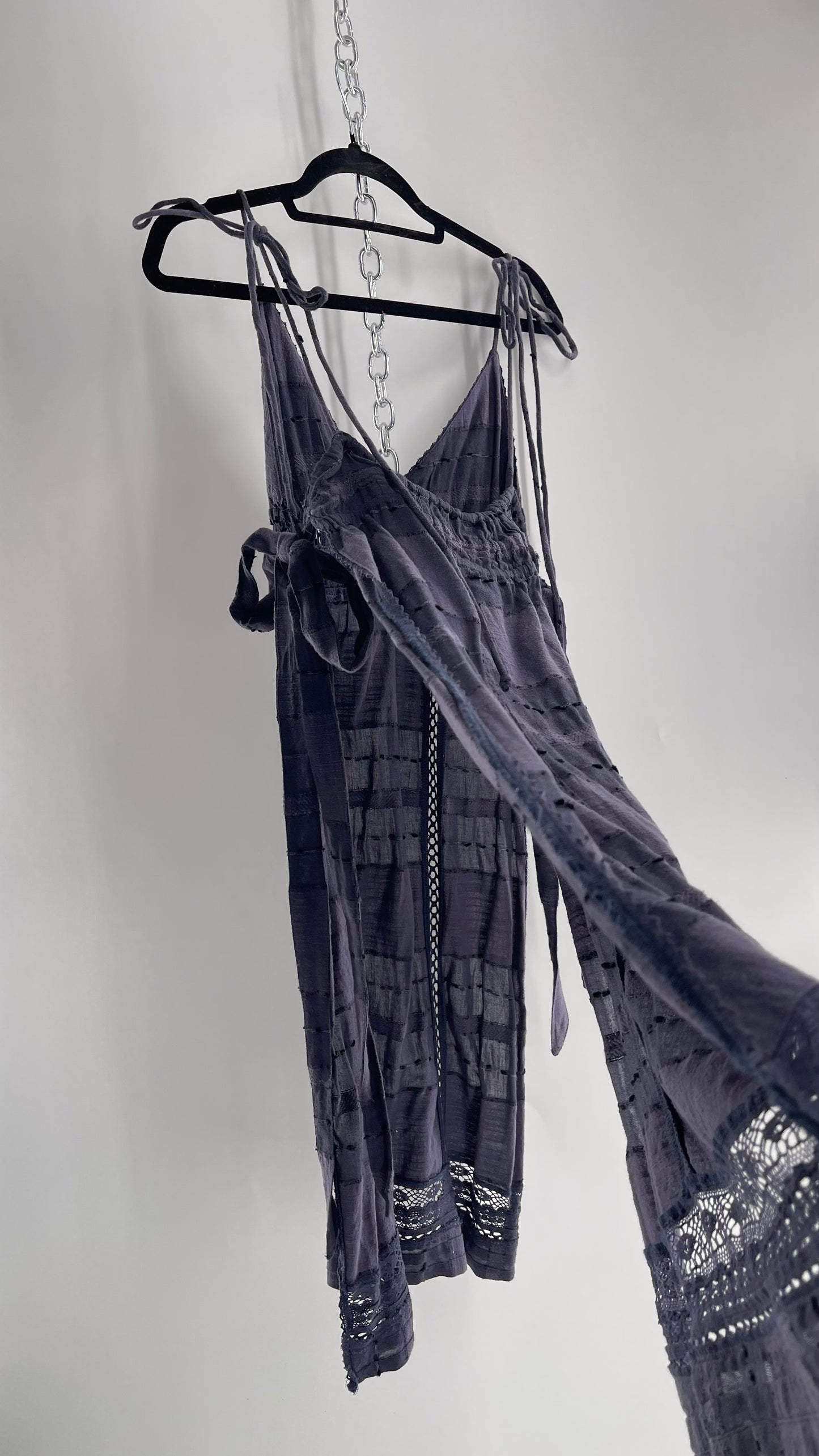 Free People Navy Blue Cotton Lace and Embroidered Open Tie Side Dress (M)