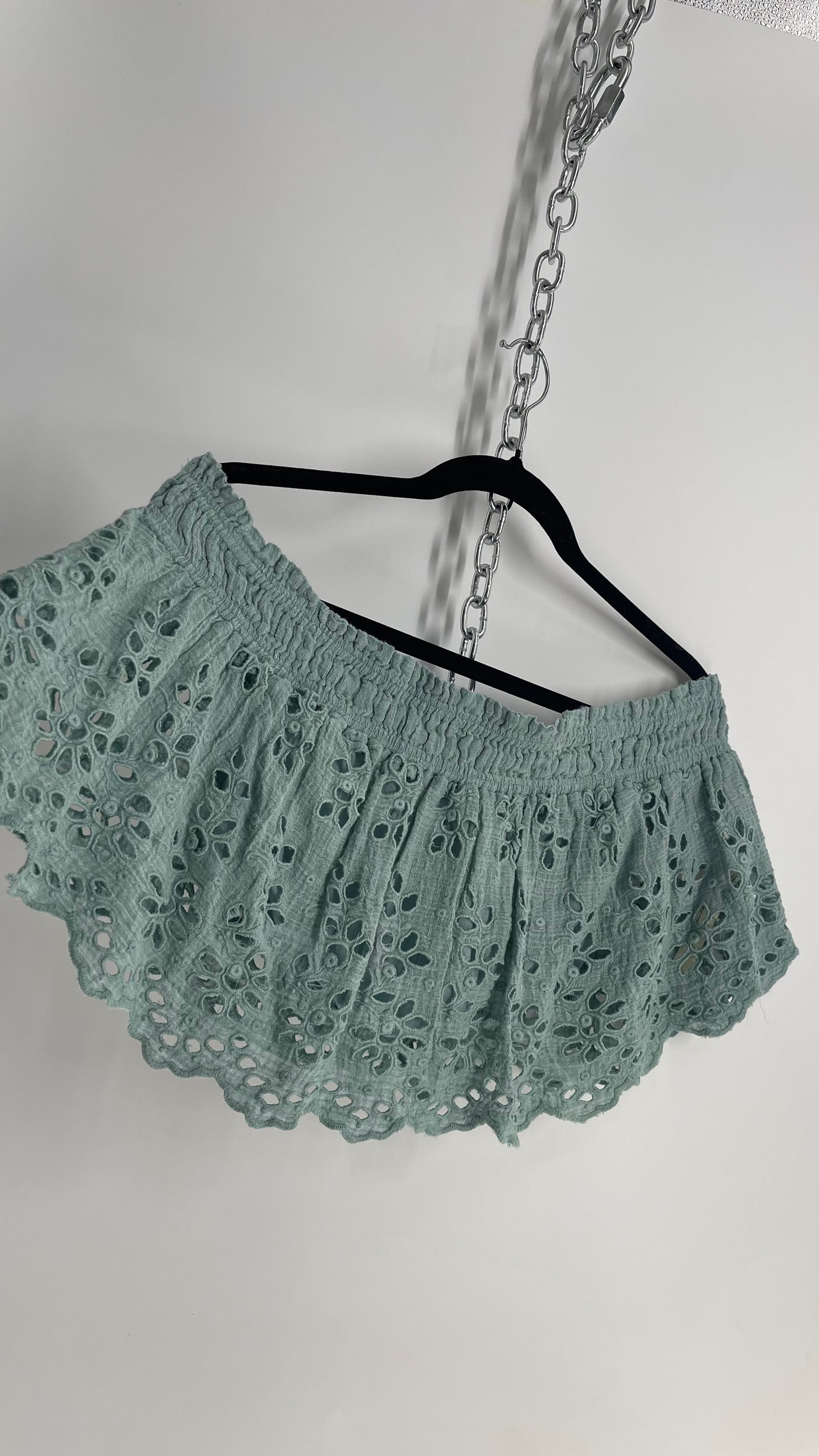 Free People Eyelet Cotton Teal Blue Off the Shoulder Ruffle Bandeau (Medium)
