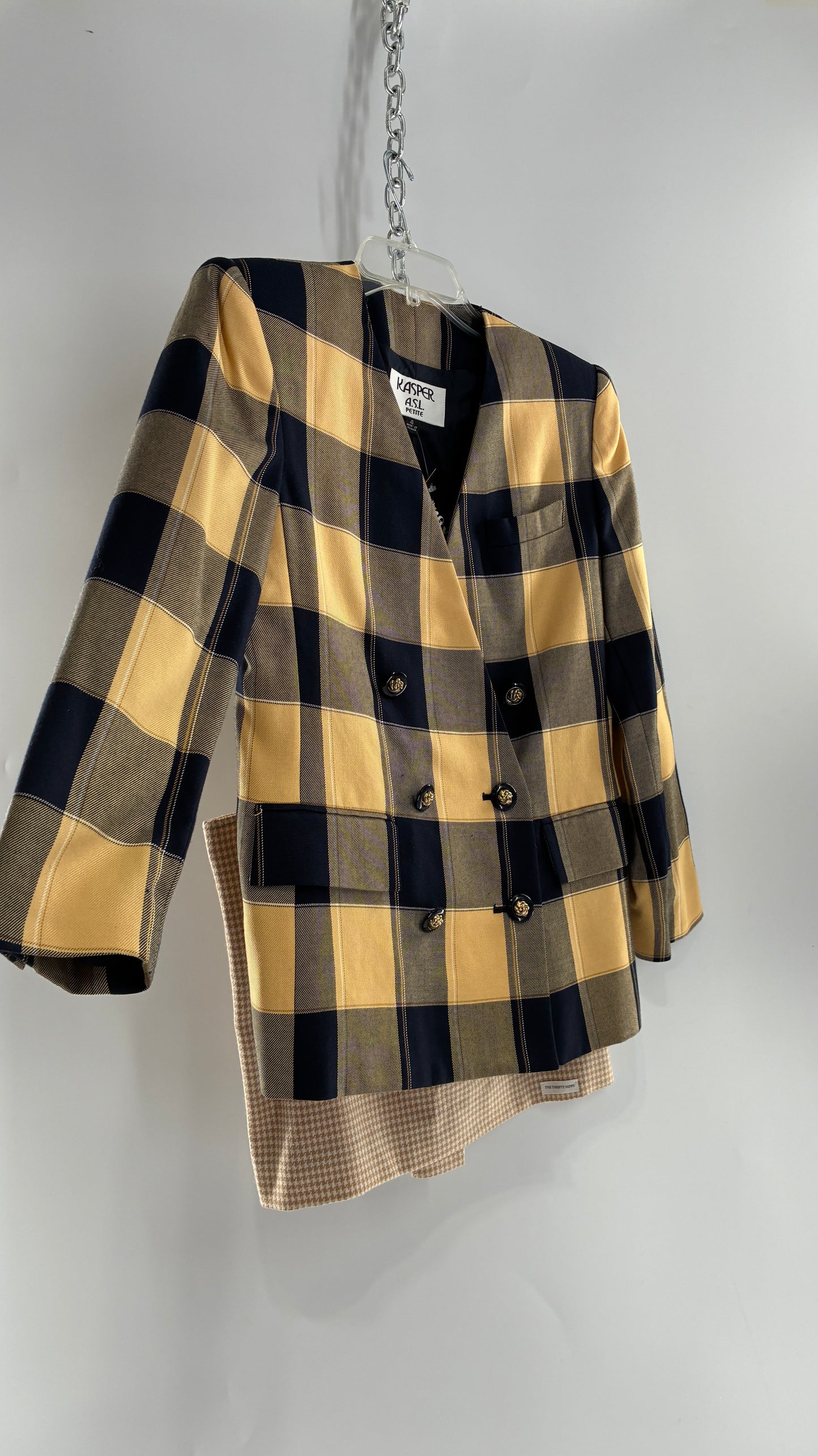 Vintage Suit Set with Yellow Plaid Double Breasted KASPER A.S.L Blazer and Upcycled Wool Mini Skirt (6)
