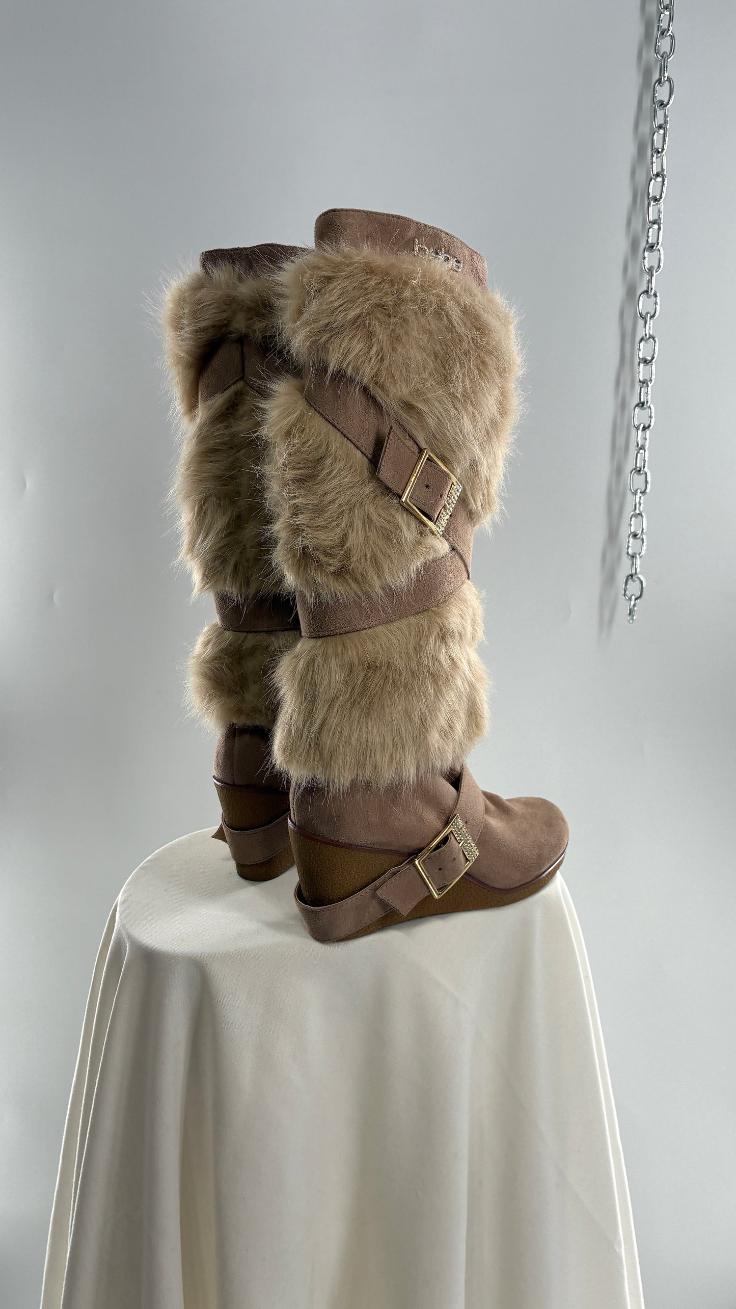 Vintage BEBE Wedge Heel Knee High Vegan Fur, Strappy Boots (6)