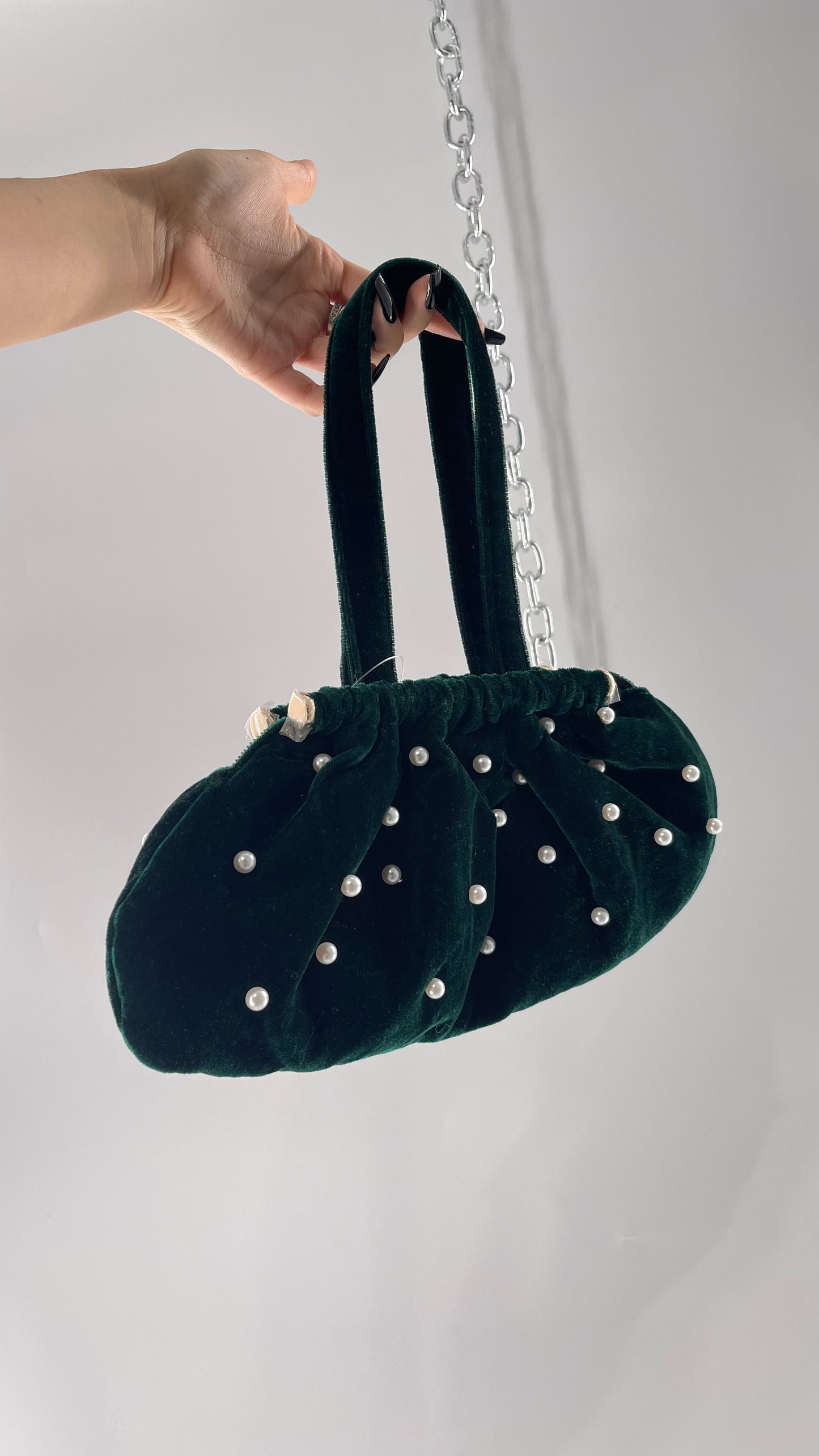 Vintage Deep Green Velvet Purse Covered in Pearls, and Featuring Gold Metal Closure Still Lined in Protective Plastic