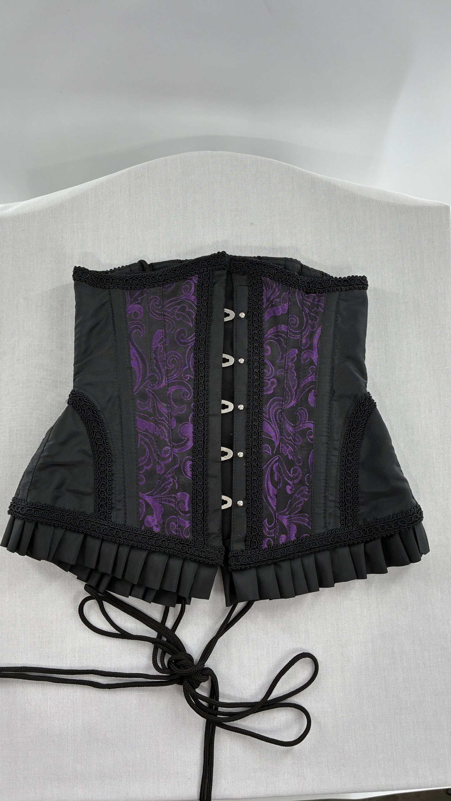 Vintage Black and Purple Brocade Corset with Pleated, Ruffled Hem (Sz 22)