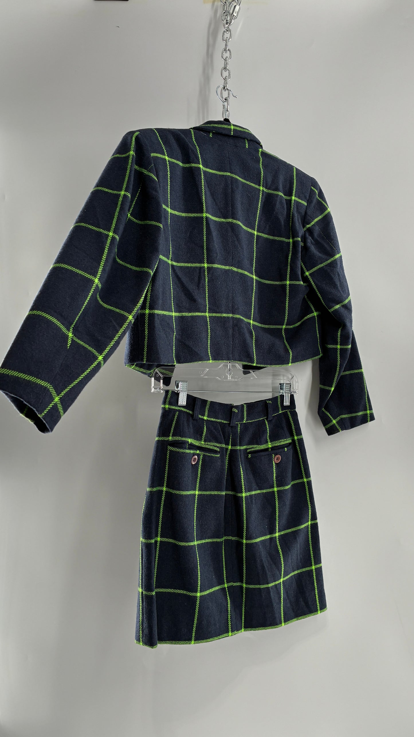 Vintage FIORUCCI GANG Navy and Neon Green Plaid Suit Set with Cropped Blazer and Mini Skirt (40,42)