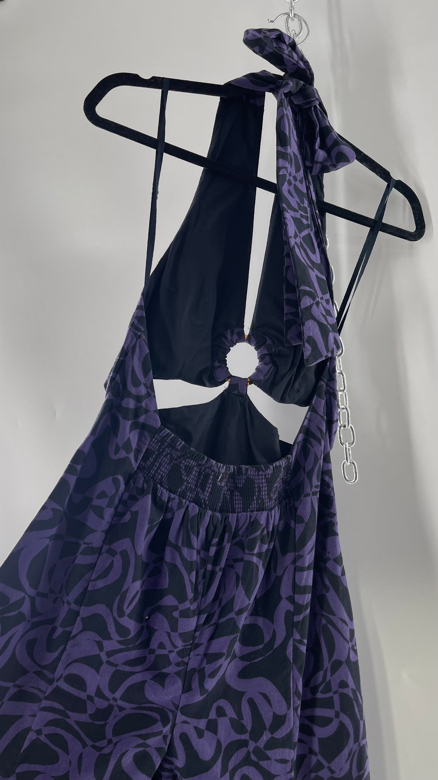 Free People Kira Retro Black and Purple Wide Leg Halter Jumpsuit with Tortoise Bust Loop (XS)