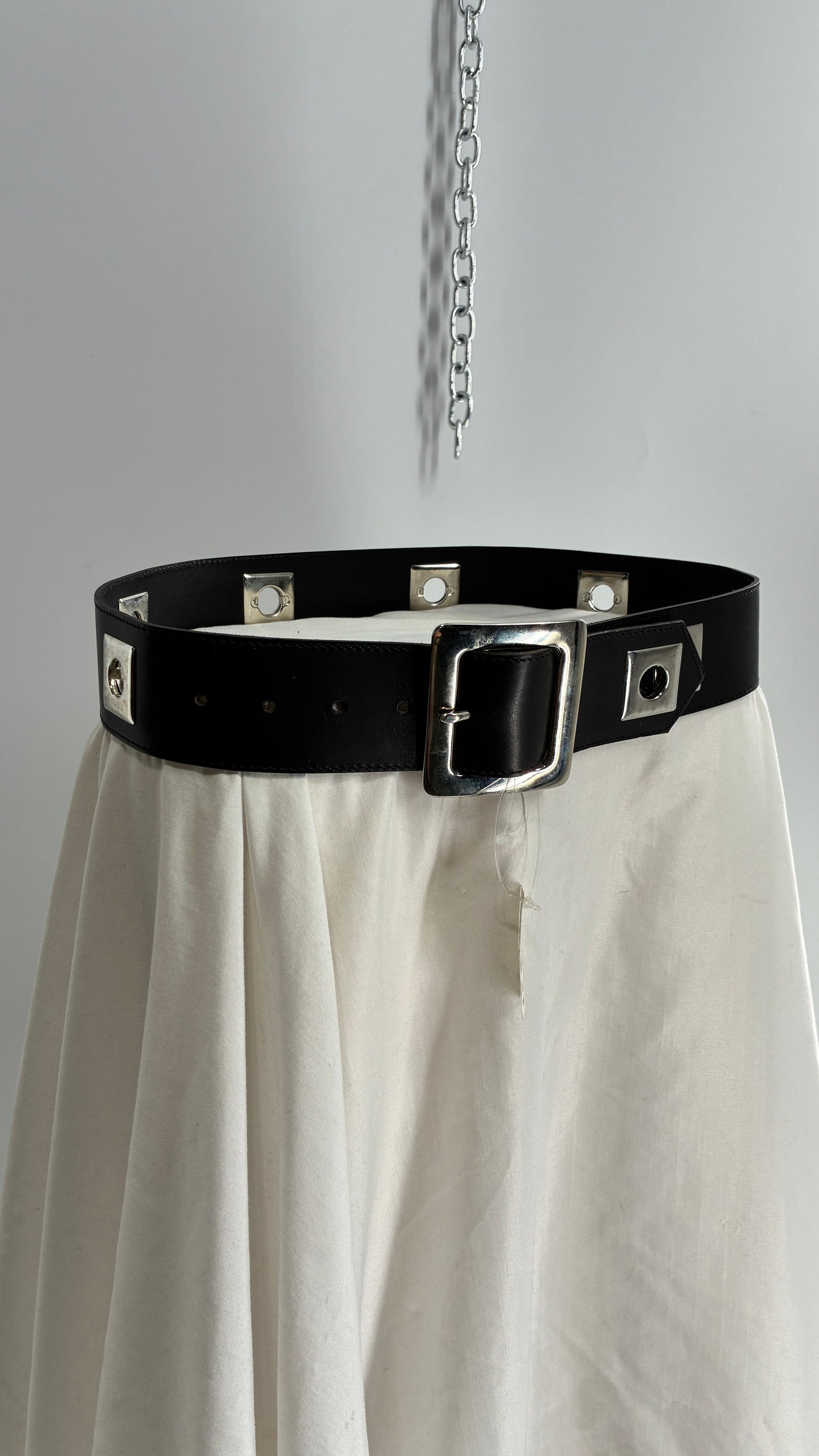 BANANA REPUBLIC Black Thick Leather Belt with Heavy Metal Details, Exaggerated Buckle, and Tags Attached (Small)
