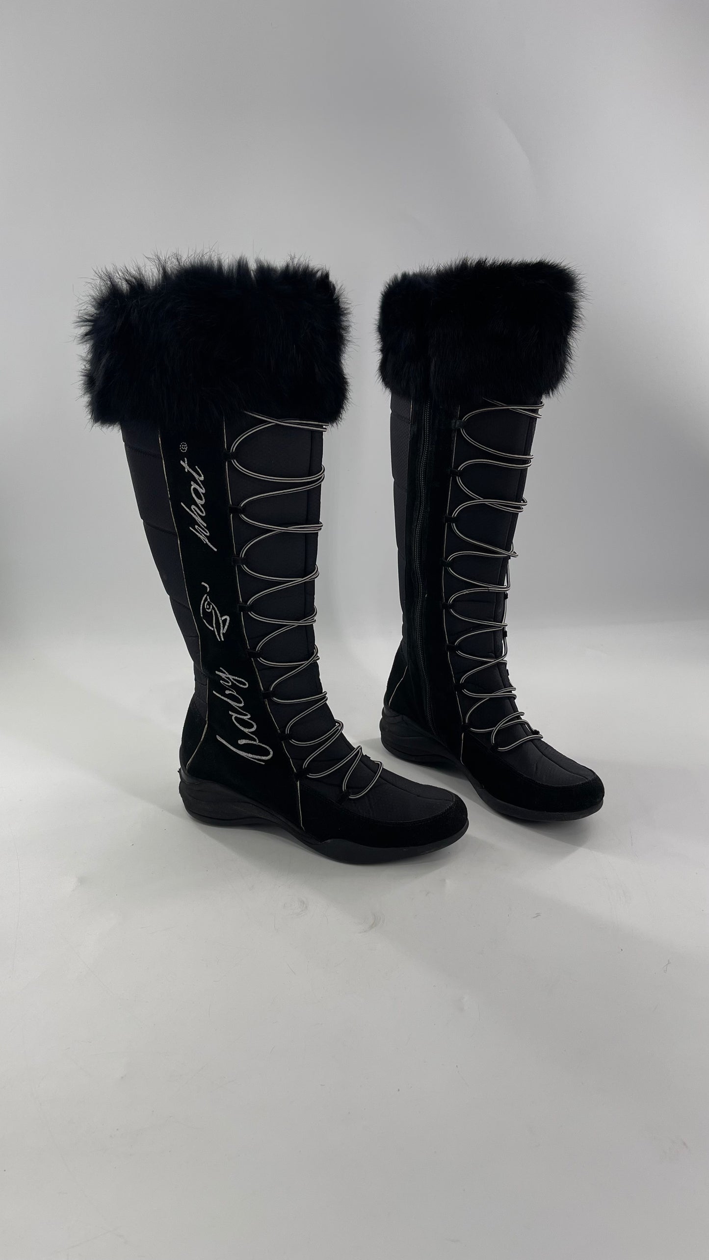 Baby Phat Black Knee High Boots with Rabbit Fur Trim, Bungee Cord Ties, and Embroidered Logo Design (8)