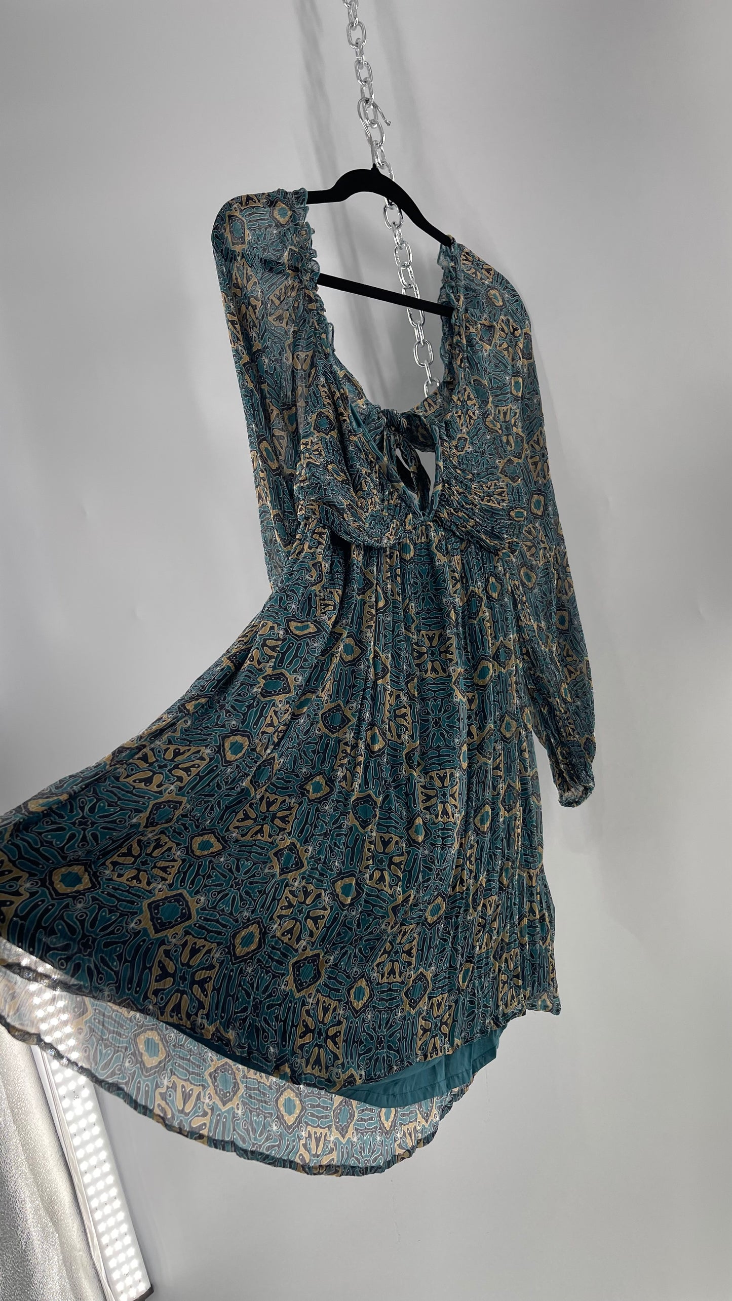 Let Me Be Crimped Balloon Sleeve Mini Dress with Wired Bust and Tie/Open Back Detail with Tags Attached (Medium)