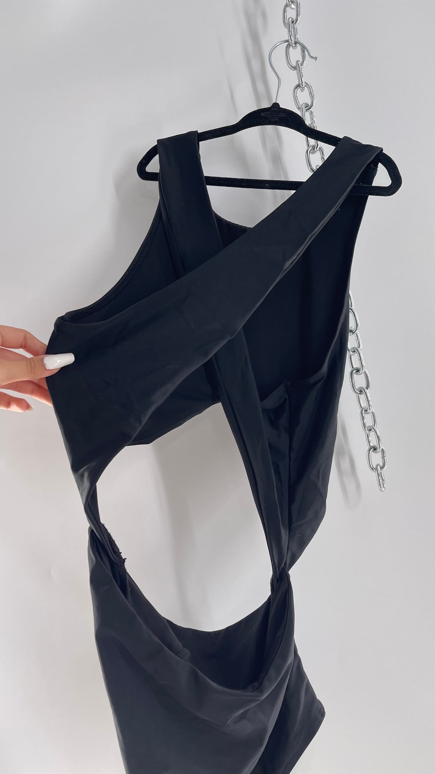 Lolli Swim Black Swimsuit with High Neck, Cross Over Back and Cut Outs (Medium)