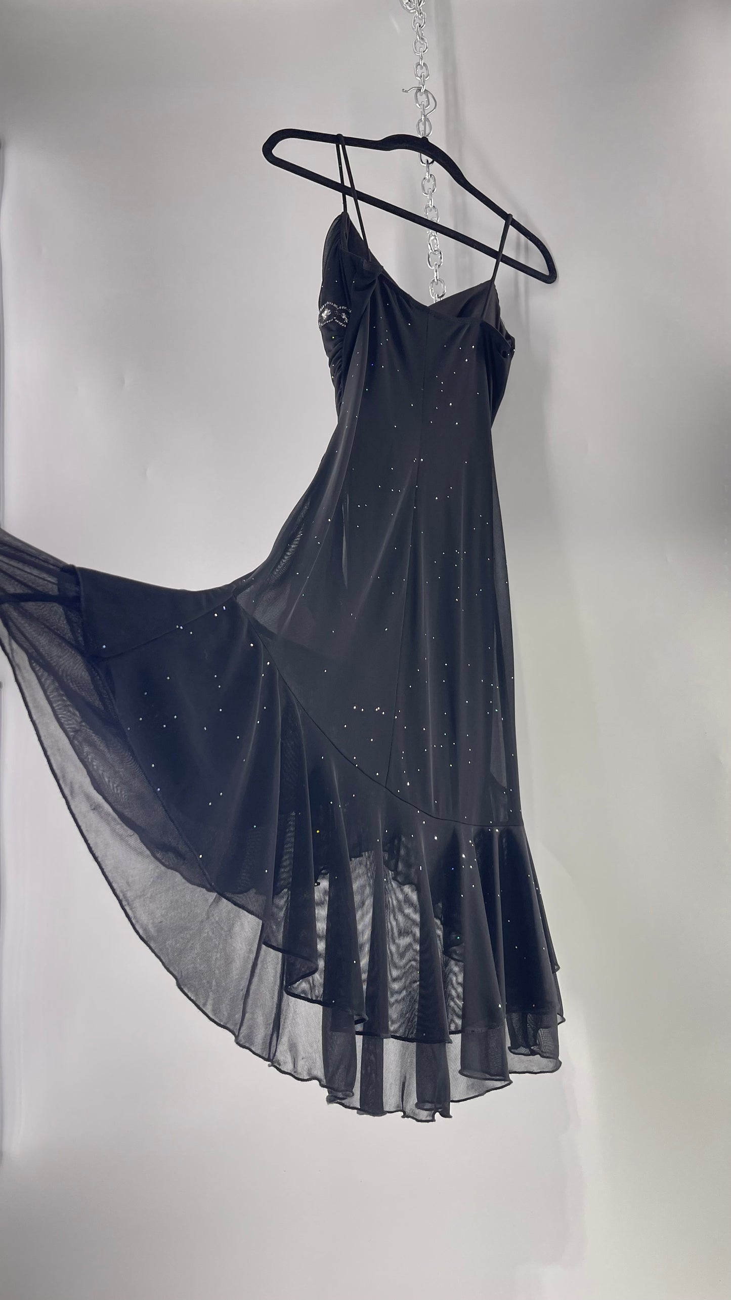 Vintage Taboo Midi Dress with Iridescent Sequins with Lace Underbust Detail, High Low Silhouette and Frills (Medium)