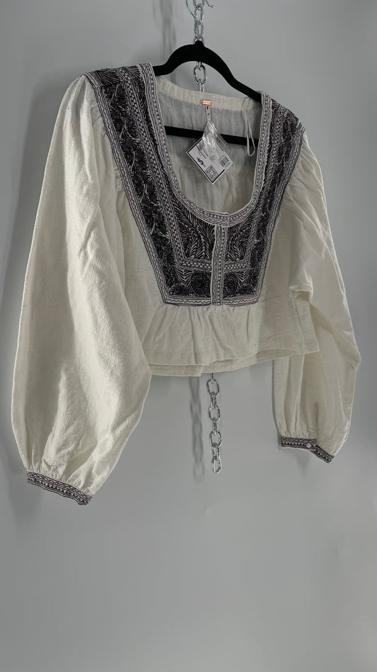 Free People White Thick Cotton Cropped Balloon Sleeve Blouse with Brown Embroidery (XS)