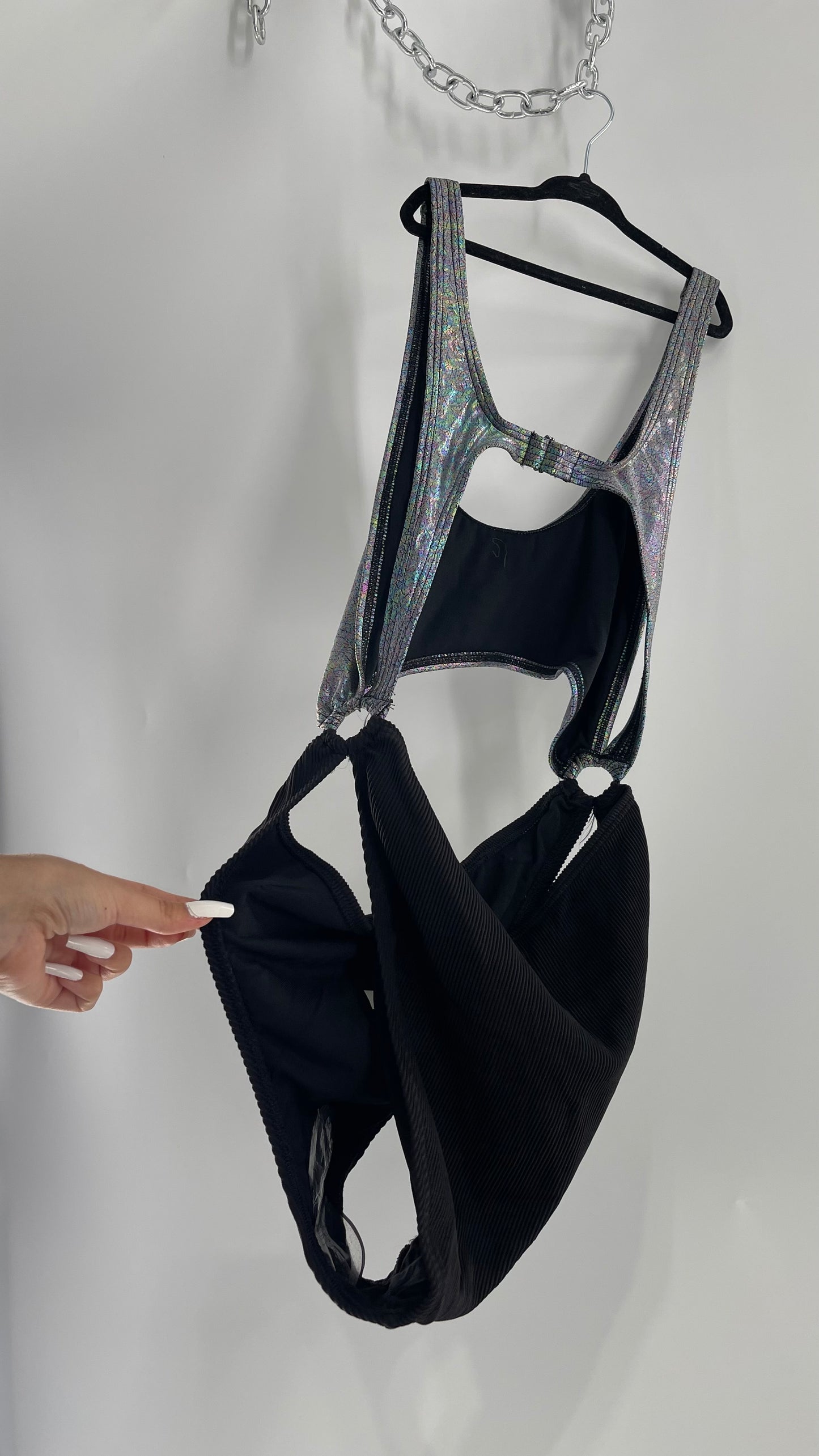 Urban Outfitters Out From Under Bathing Suit Metallic Gas Spill Top and Ribbed Black Bottom Connected by Rings (Large)