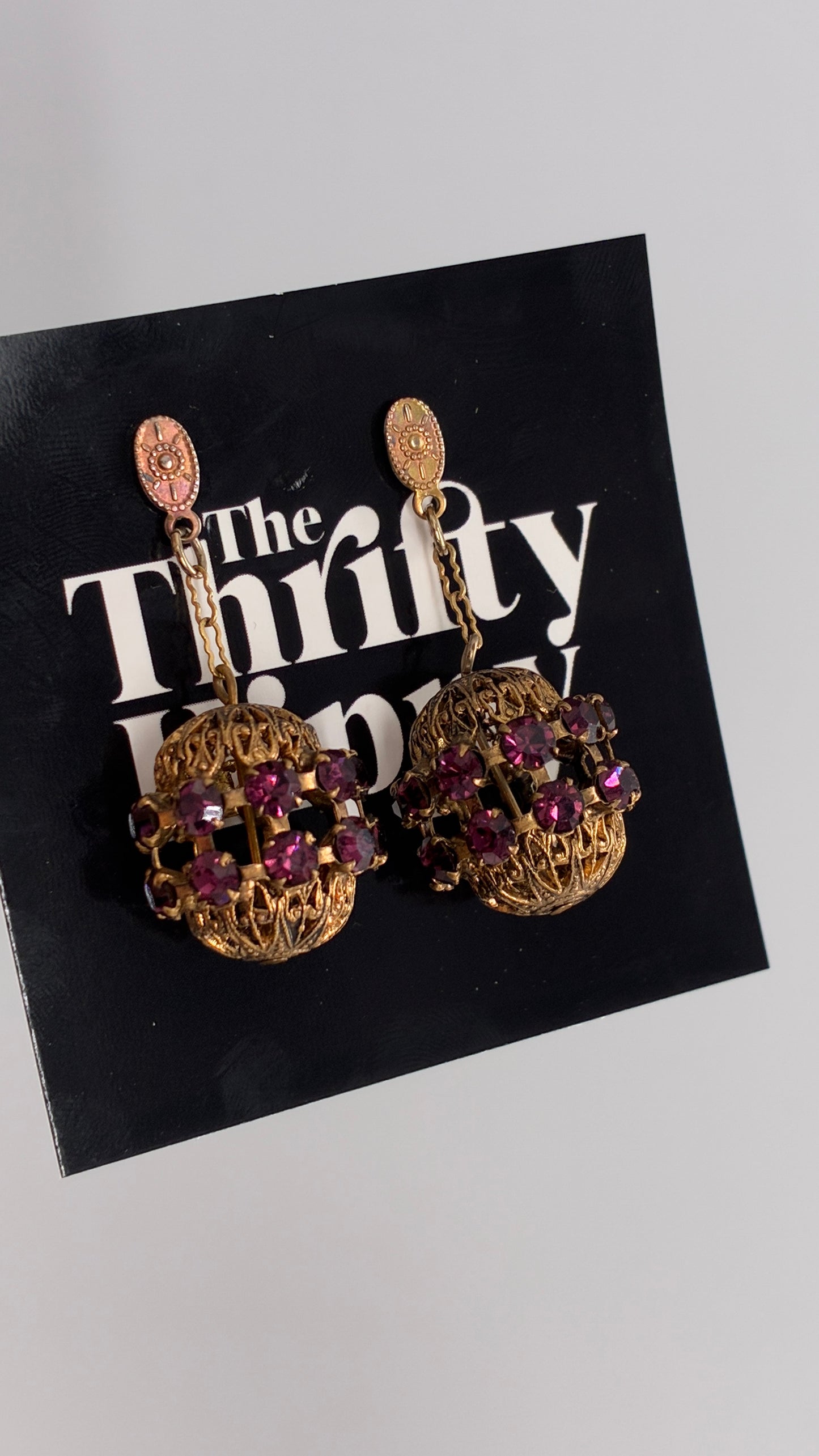 Vintage Bronze Ornate Cage Pendant Earrings with Purple Stone Details