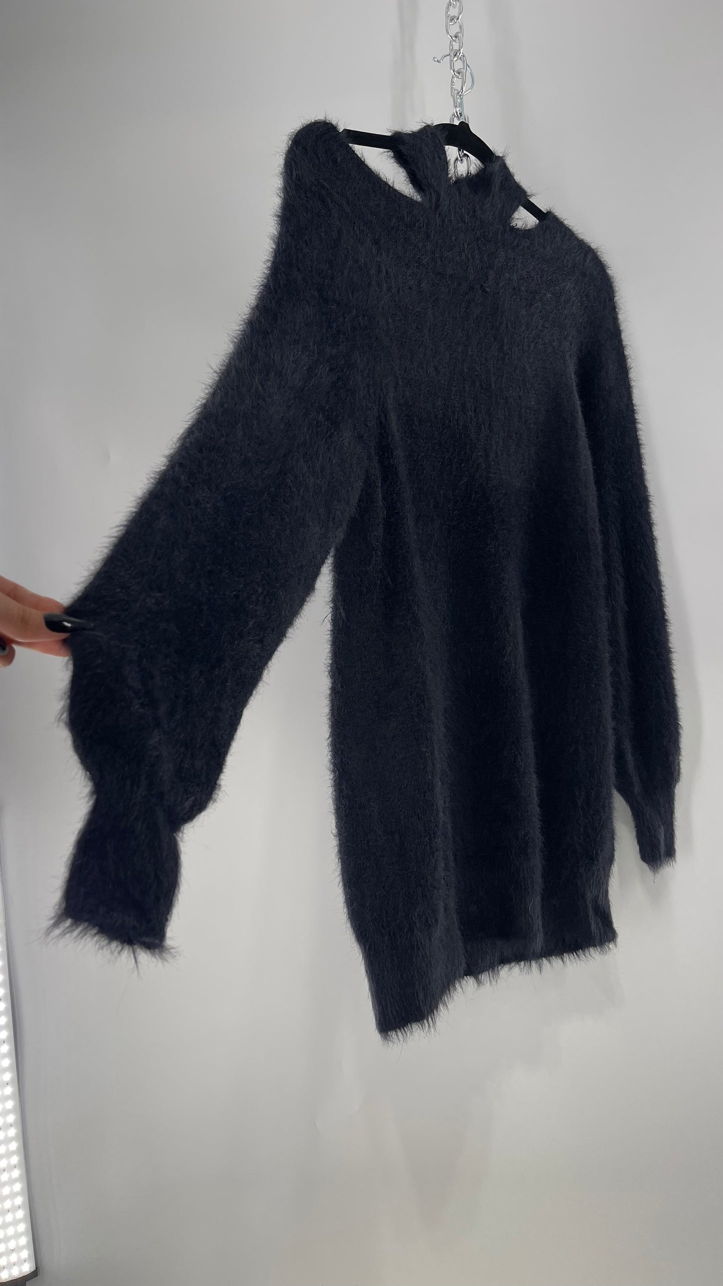 Callahan Black Fuzzy/Shaggy Slouchy Sweater with Choker Neckline Detail (Small)