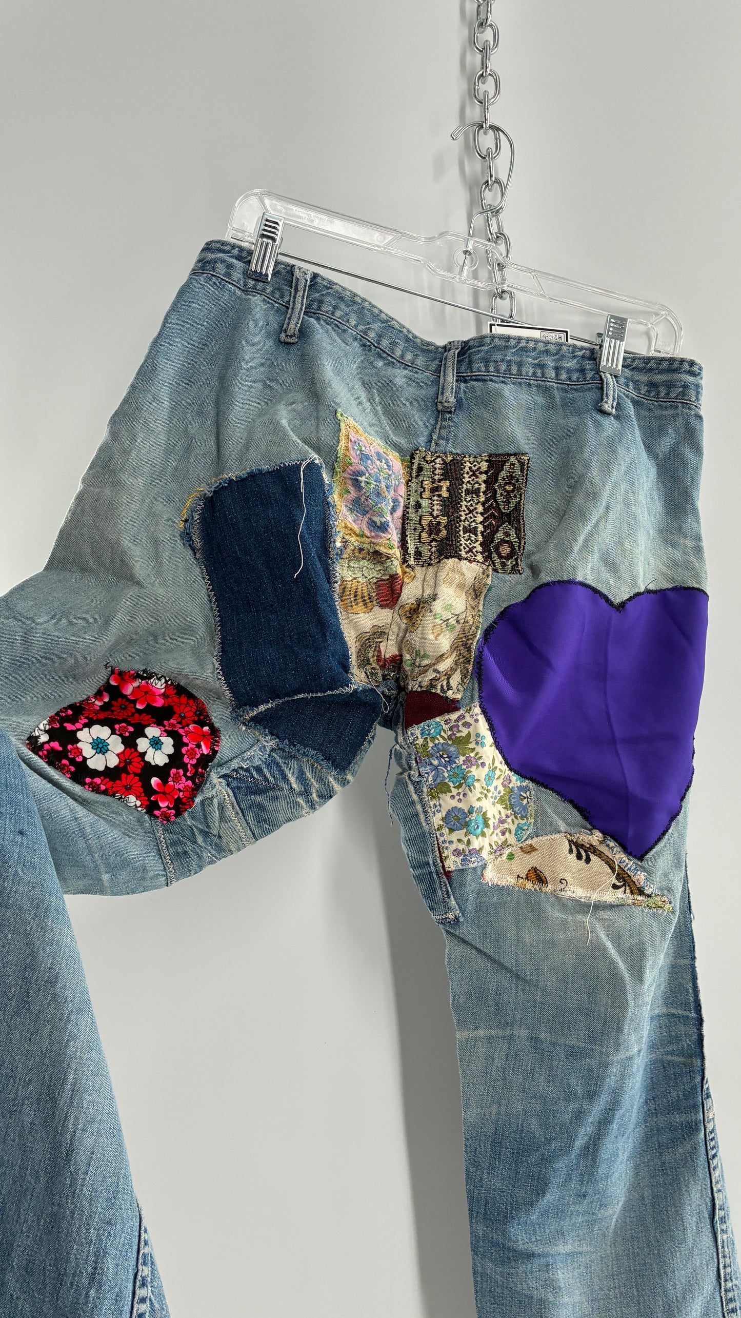 Vintage Rare 1970s Light Wash, Low Rise Boot Cut Jeans with Hand Stitched Tapestry Style Patches and Purple Heart on Bum (Measurements Below)