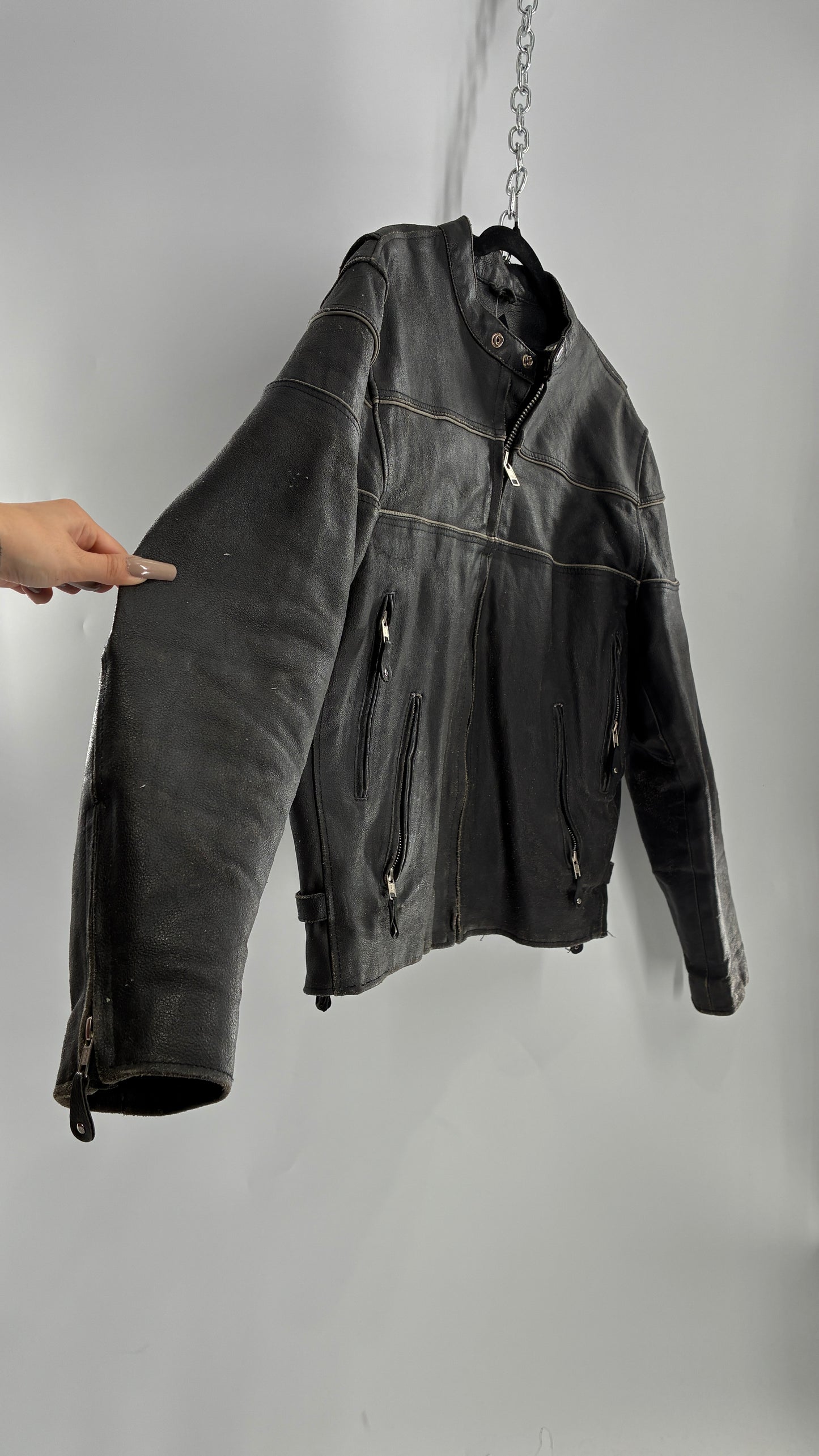 Vintage Distressed Genuine Leather Motorcycle Jacket with Zippered Pockets, Cuffs, and Sides (Large)