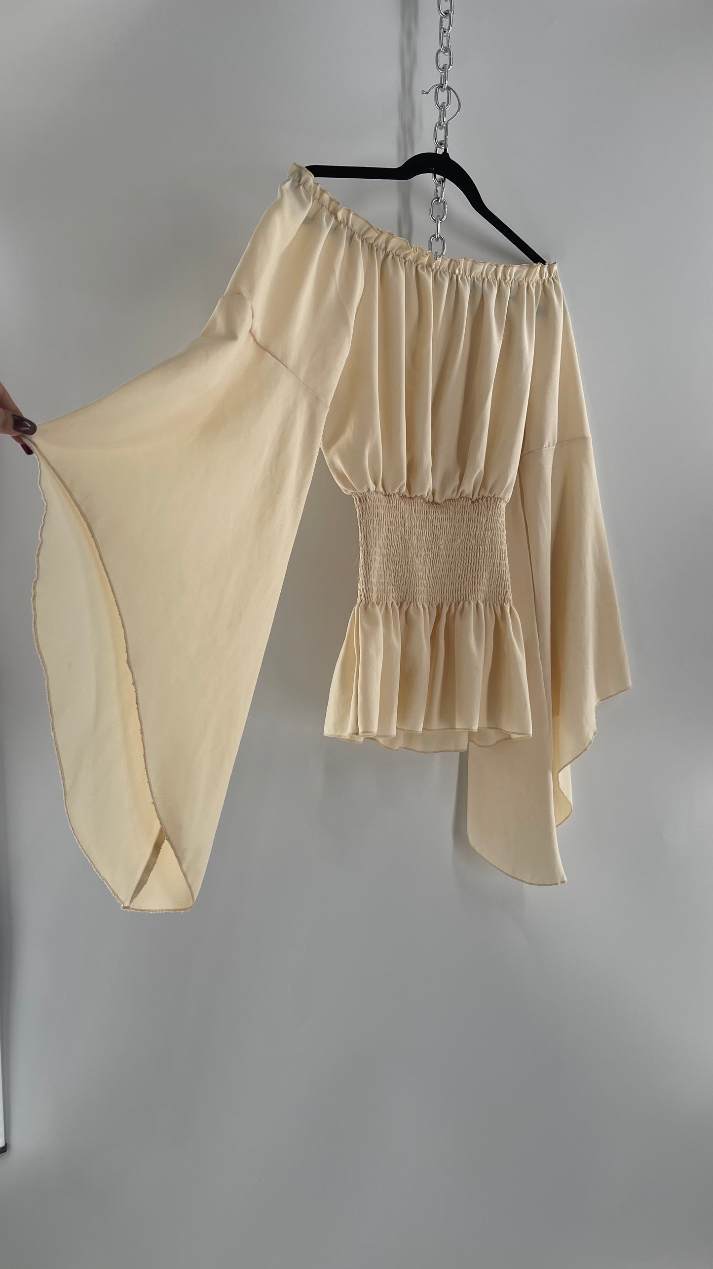 Vintage Off White Smocked Waist Bell Sleeve Wanderlust Blouse(S/M)