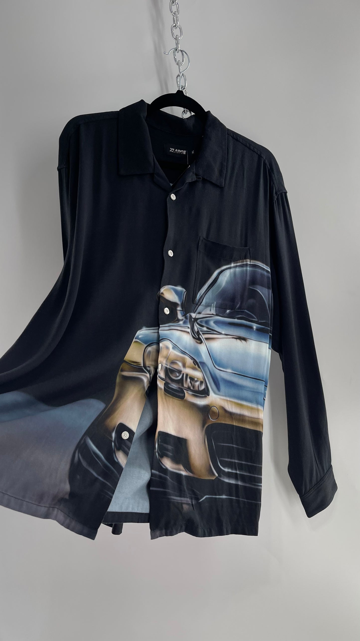 XLARGE Black 100% Rayon Men’s Button Up with HD Futuristic Car Graphic (XL)